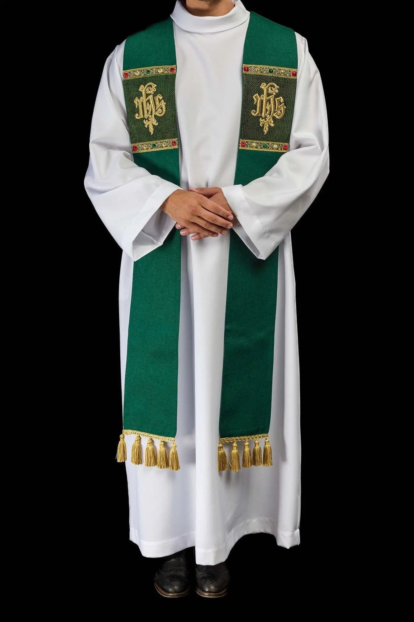 Green stole embroidered with the IHS motif