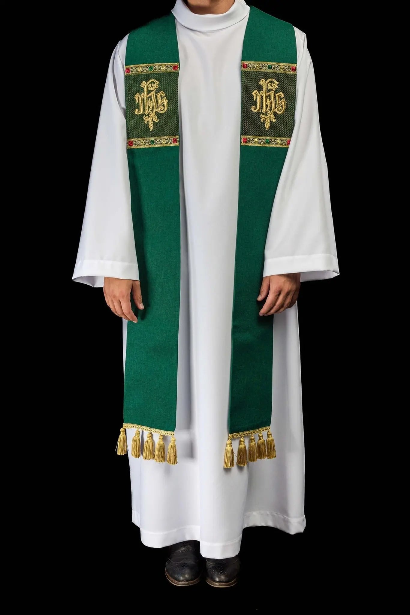 Green stole embroidered with the IHS motif