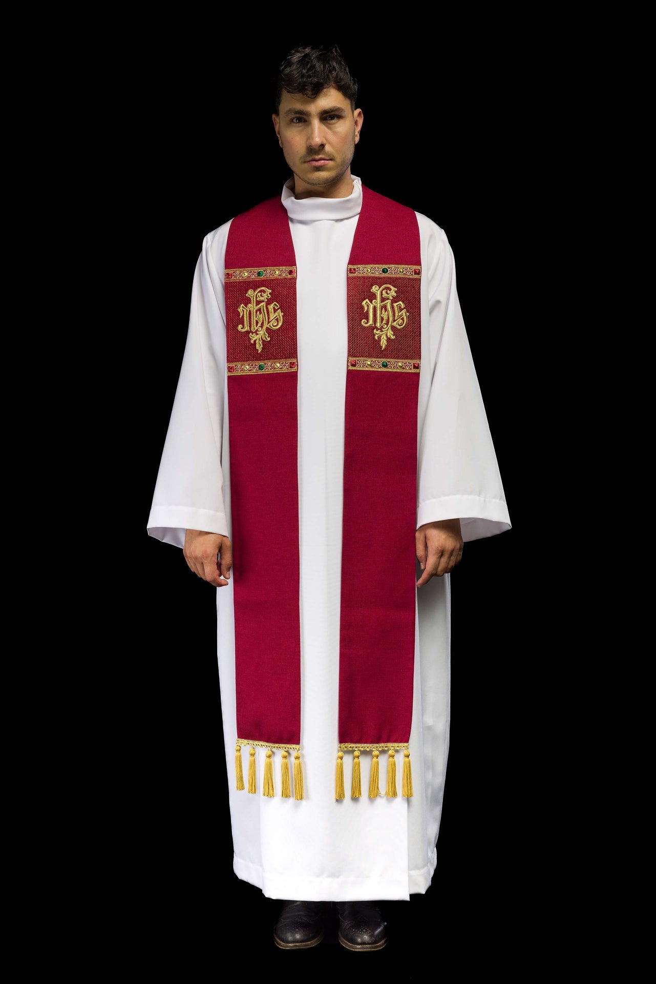 Stuła haftowana z motywem IHS czerwona - ORNATY.PL