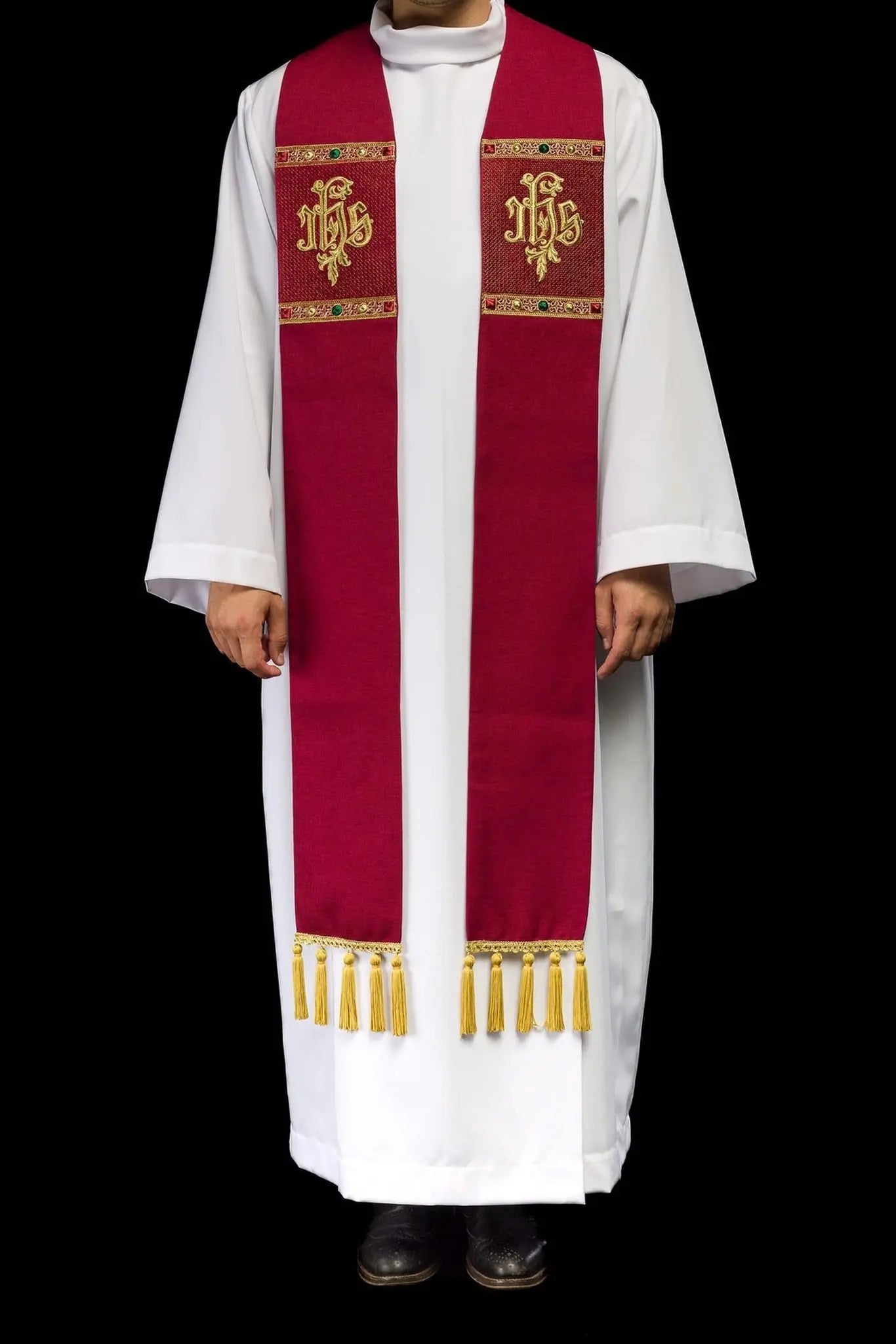 Red stole embroidered with the IHS motif