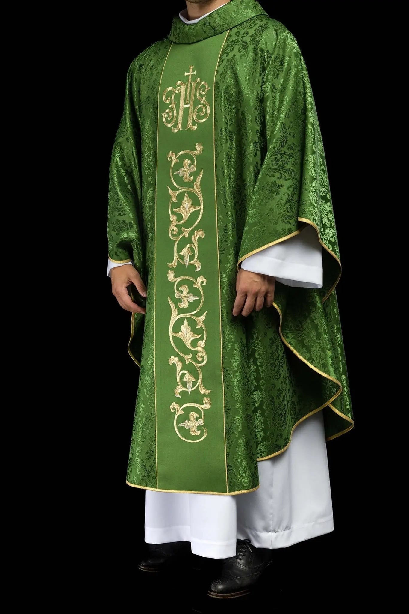 Green liturgical chasuble with richly decorated IHS belt