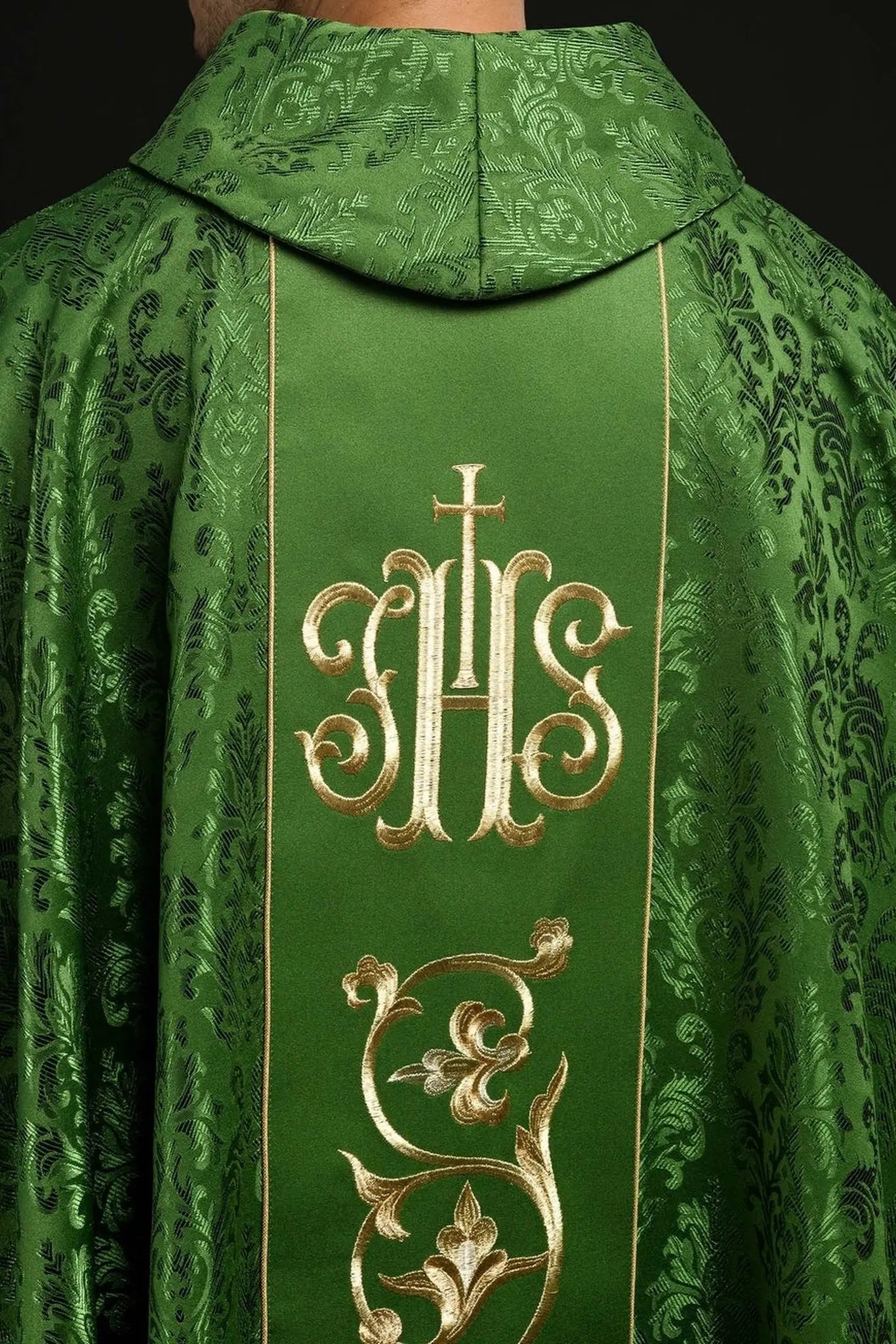 Green liturgical chasuble with richly decorated IHS belt