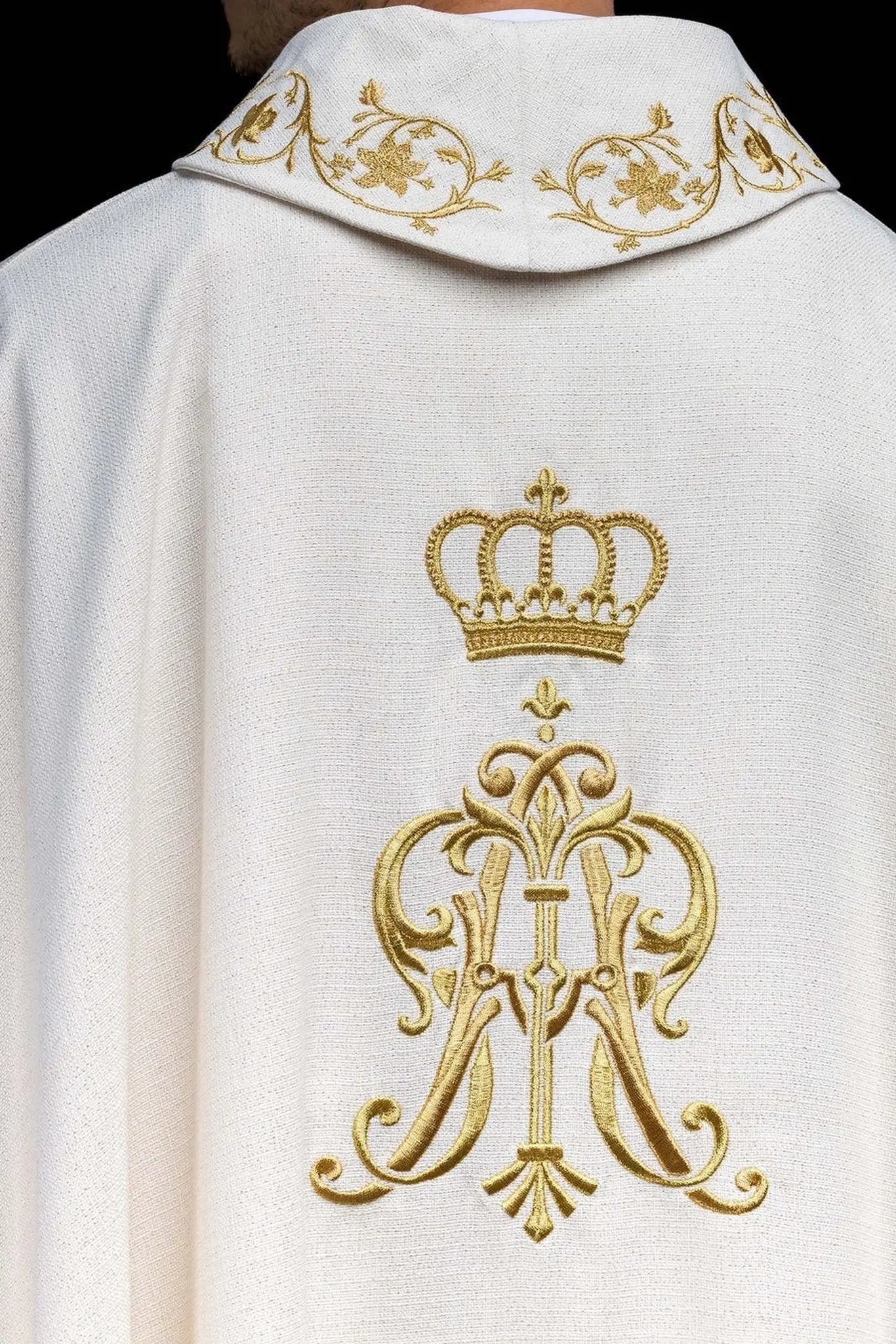 Liturgical chasuble with embroidered Marian Coat of Arms and Crown