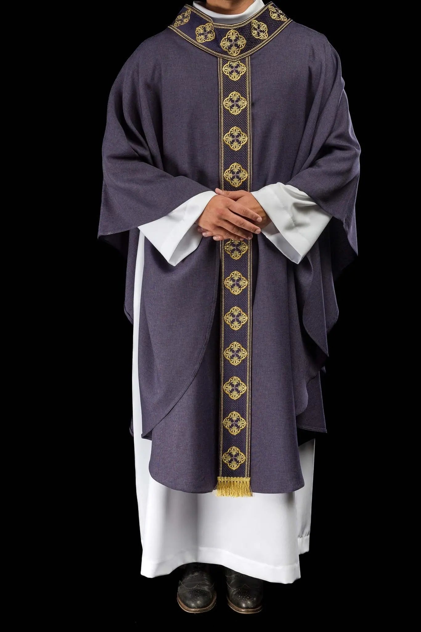 Purple chasuble with embroidered belt and cross collar