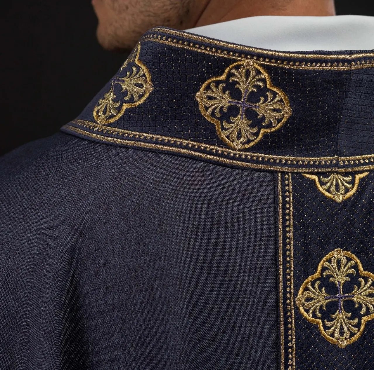 Purple chasuble with embroidered belt and cross collar