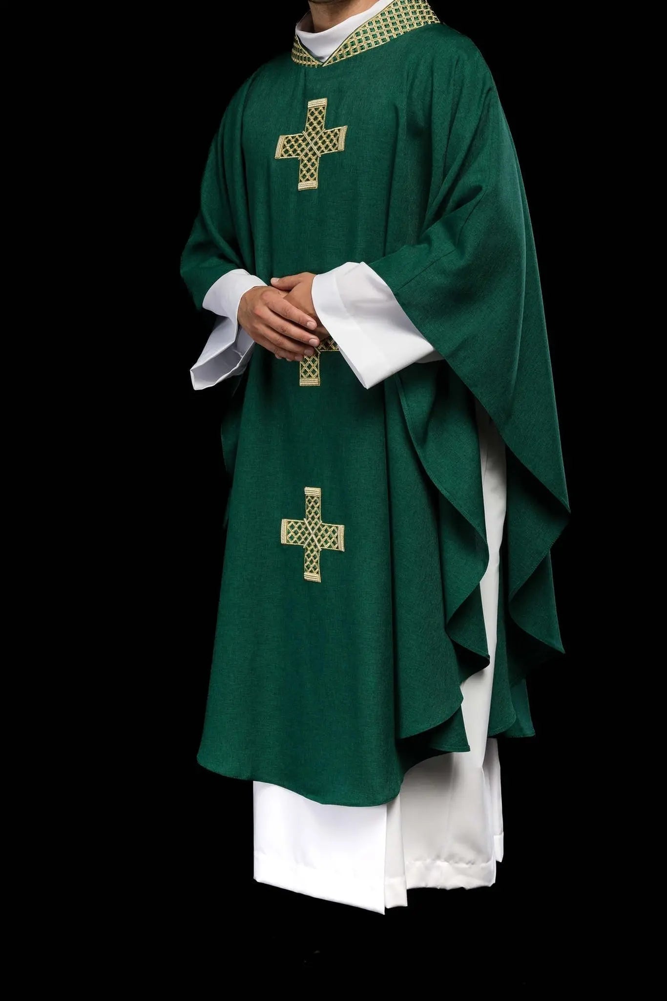 Green chasuble with embroidered gold crosses and collar