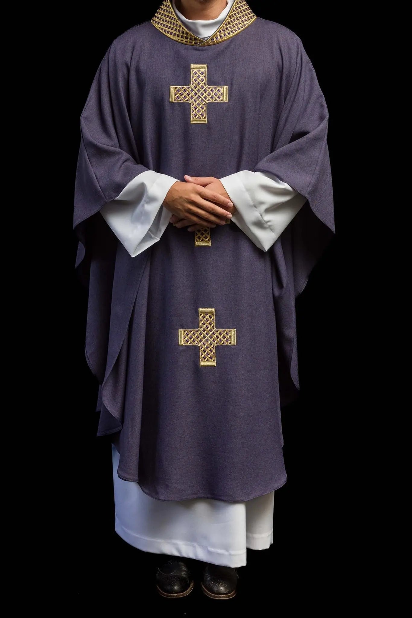 Purple chasuble with embroidered crosses and collar
