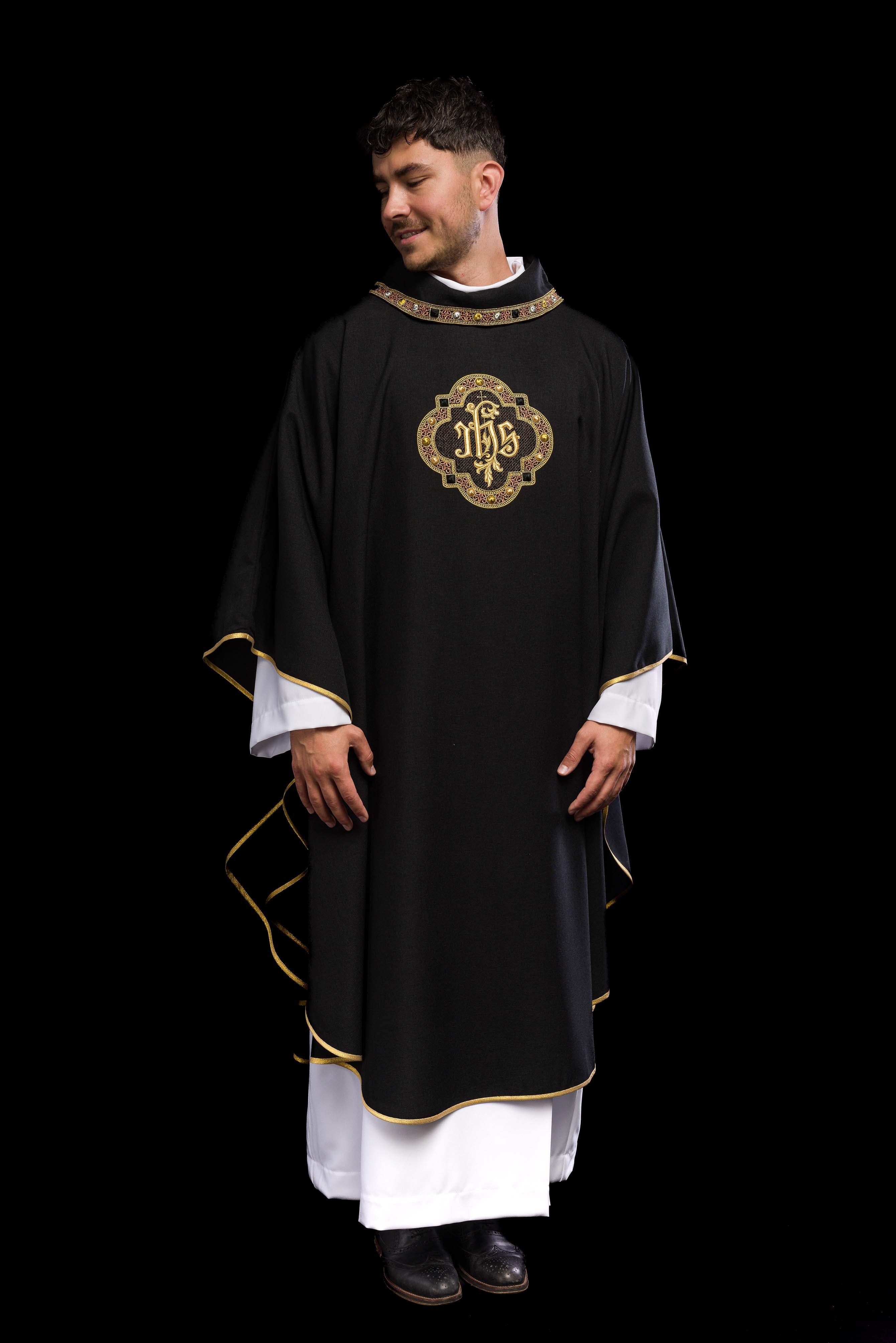 Chasuble with Richly Embroidered Band and Trim Featuring IHS, with Black Collar