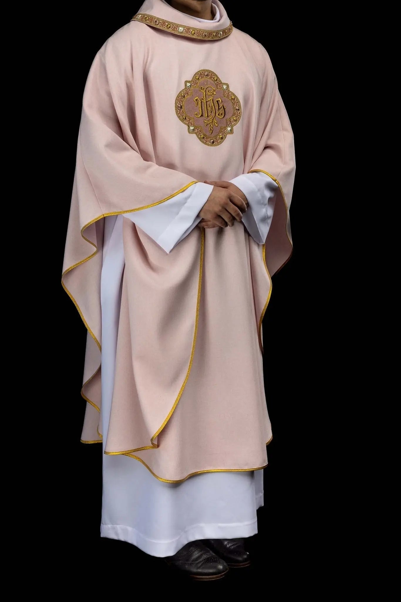 Pink Chasuble with IHS Embroidery and Decorative Trim