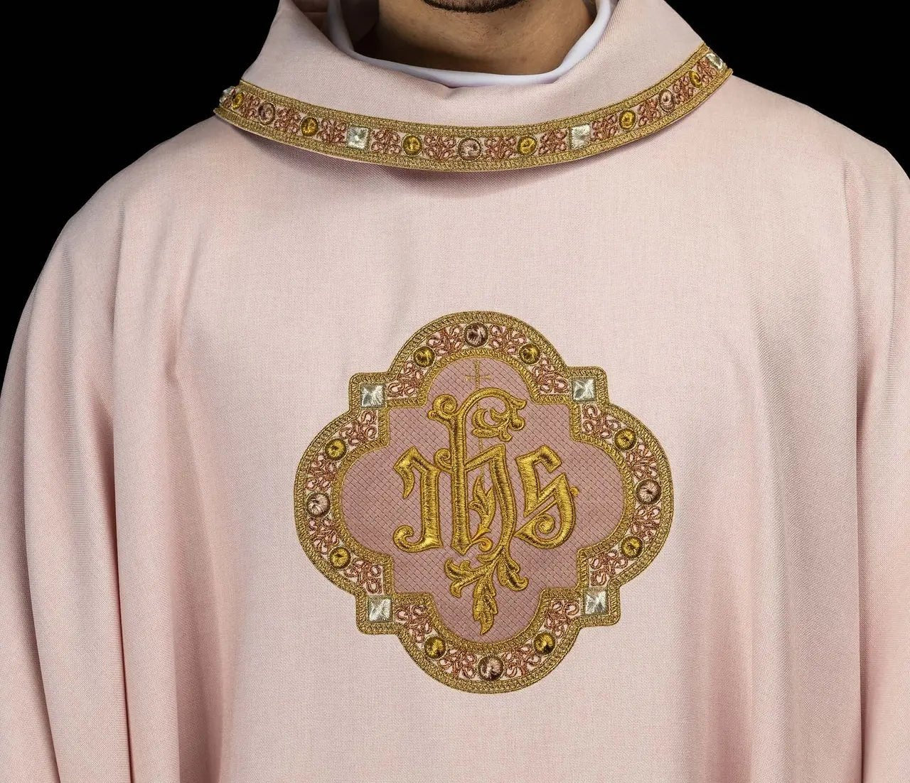Pink Chasuble with IHS Embroidery and Decorative Trim