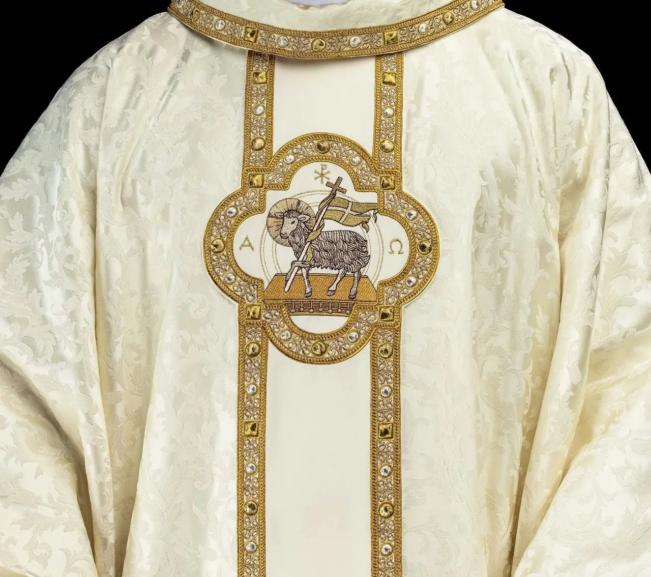 Chasuble with Embroidered Paschal Lamb and Orphrey in Ecru Jacquard