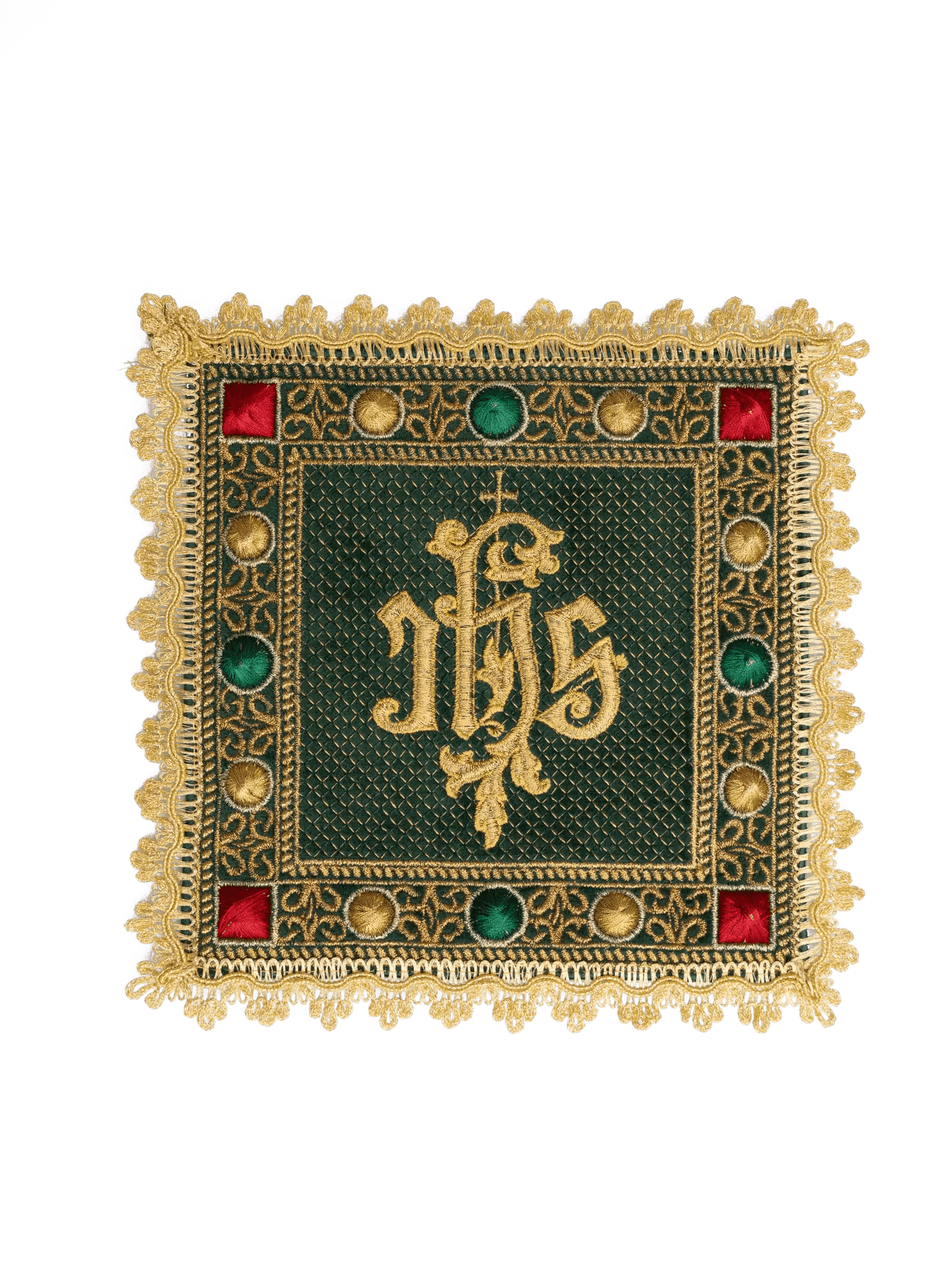 Velvet cup set in green with embroidered IHS symbol