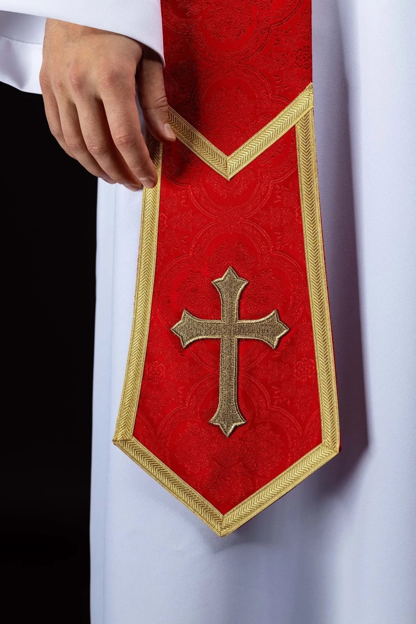 Red Jacquard Stole with Embroidered Cross