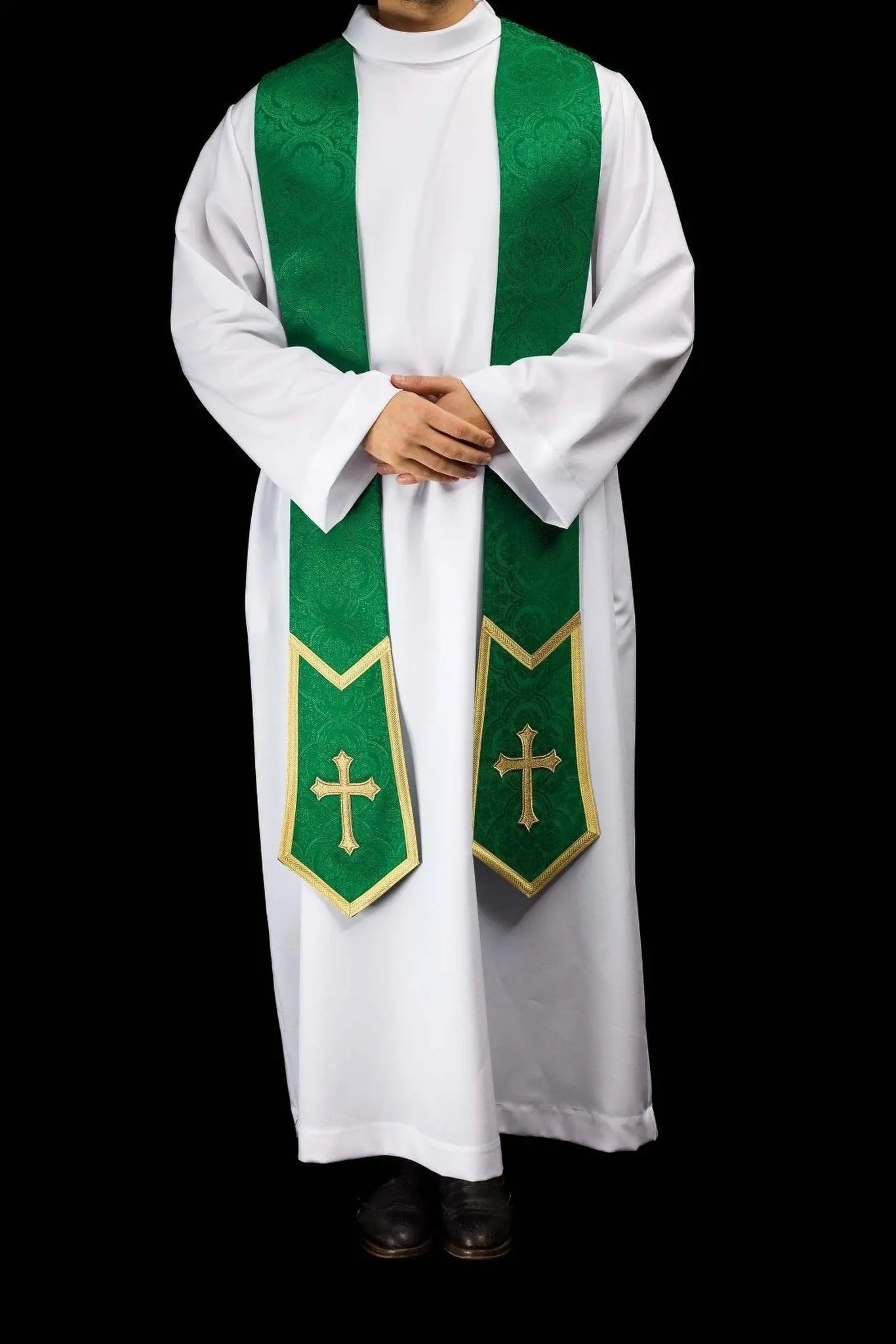 Green Jacquard Stole with Embroidered Cross