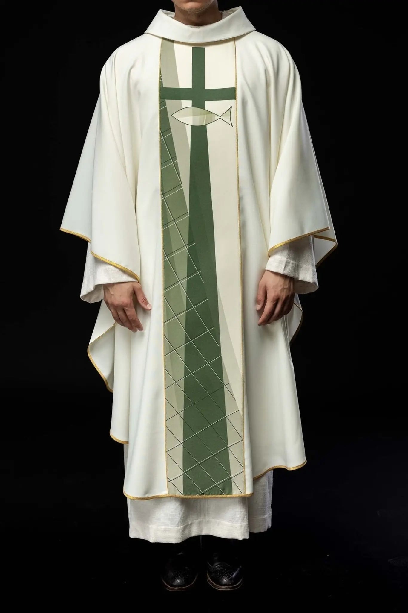 White chasuble embroidered with cross and fish pattern