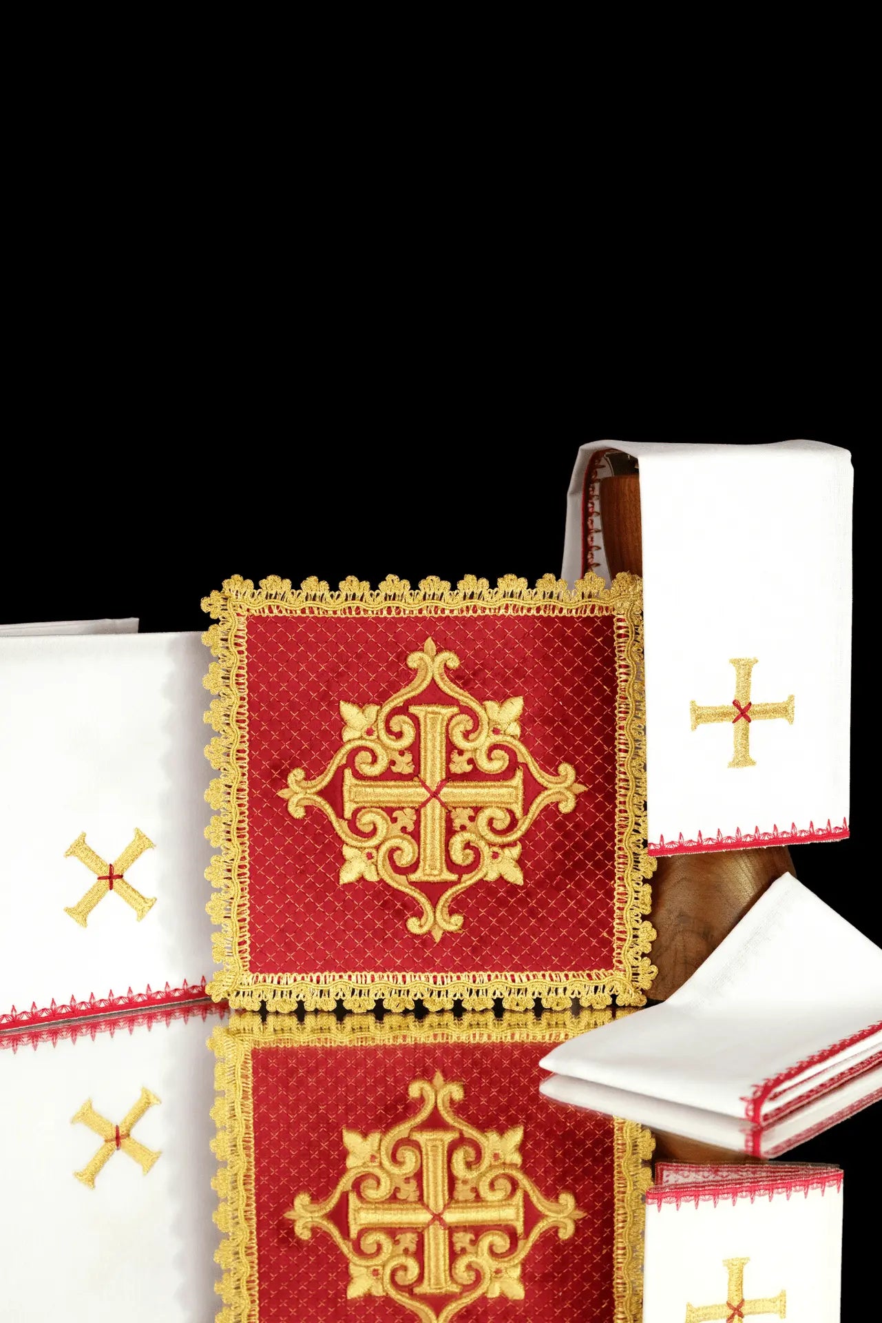 Red Velvet Chalice Linen Set with Embroidered Cross