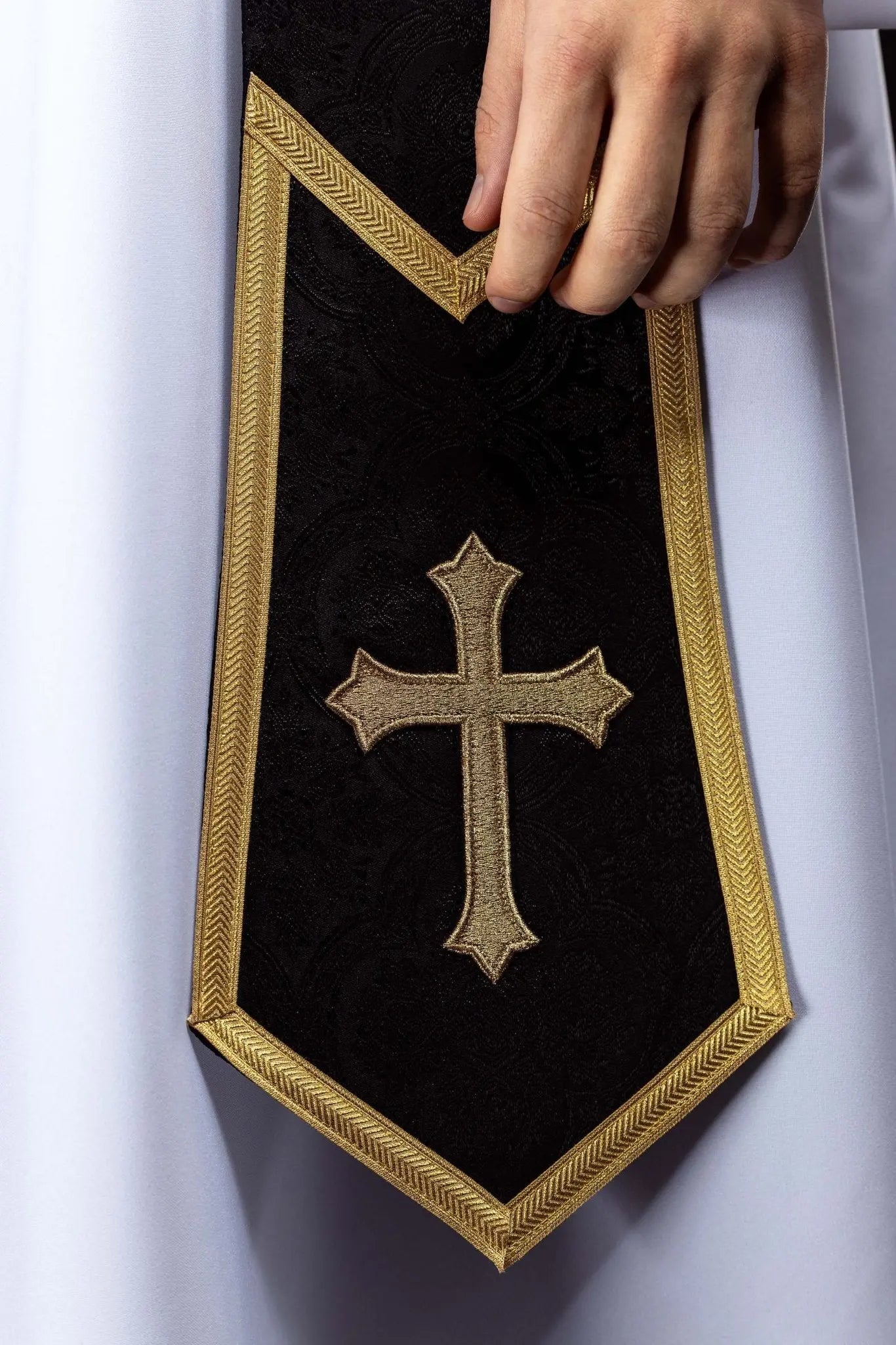 Black Jacquard Stole with Embroidered Cross - HAFTINA ATELIER