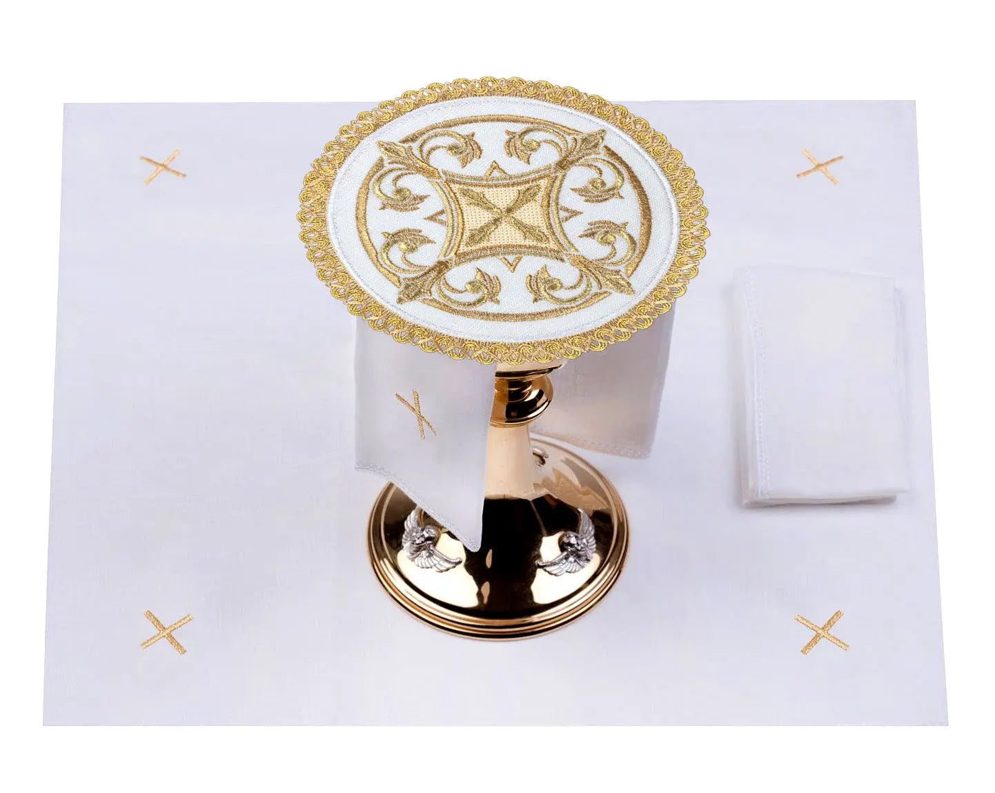 Richly decorated linen cup set with cross embroidery with rounded palle