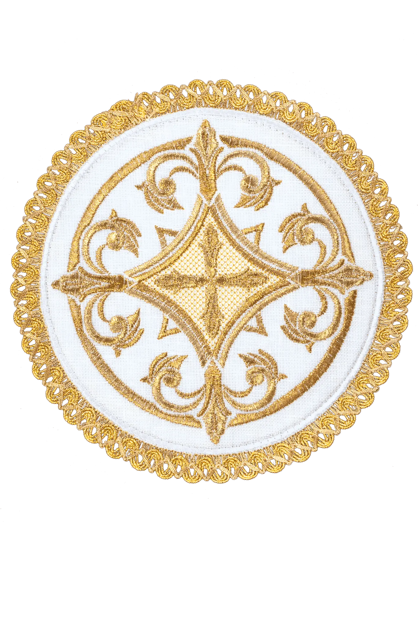 Richly decorated linen cup set with cross embroidery with rounded palle
