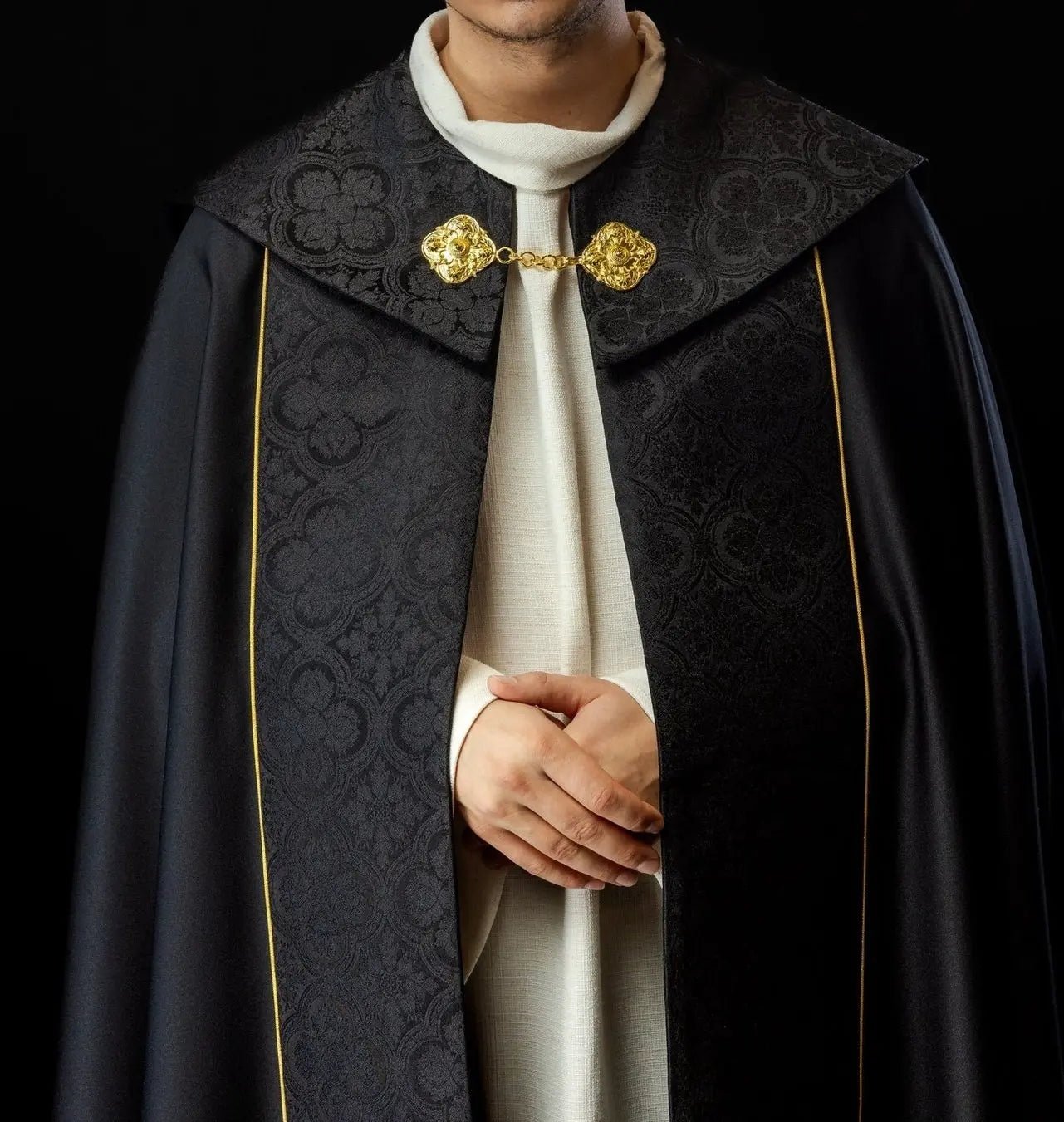 Black Liturgical Cope with Gold Cross Embroidery on Jacquard Fabric