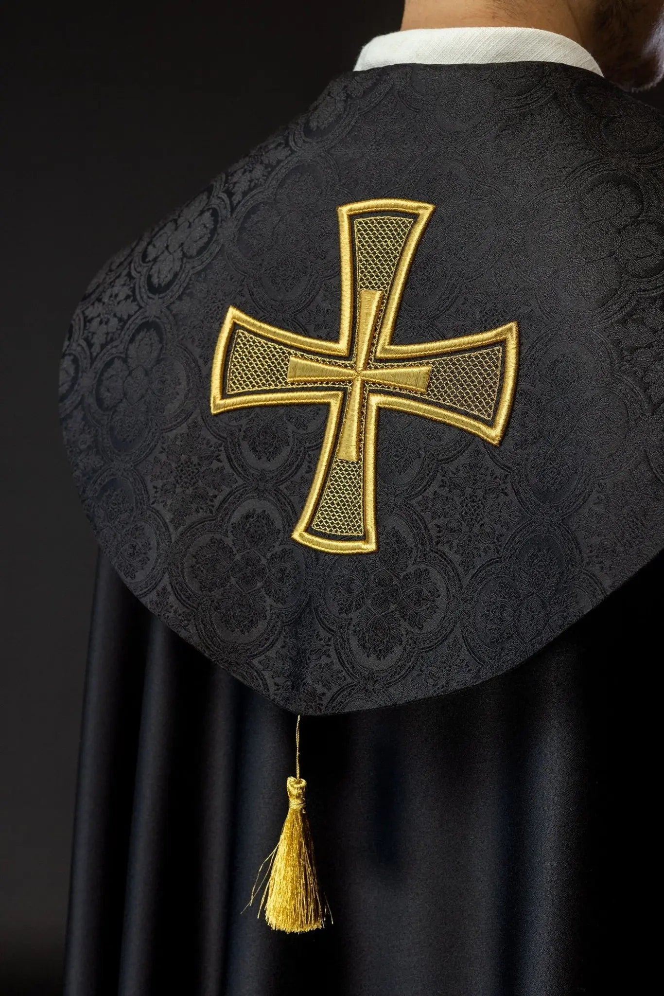 Black Liturgical Cope with Gold Cross Embroidery on Jacquard Fabric