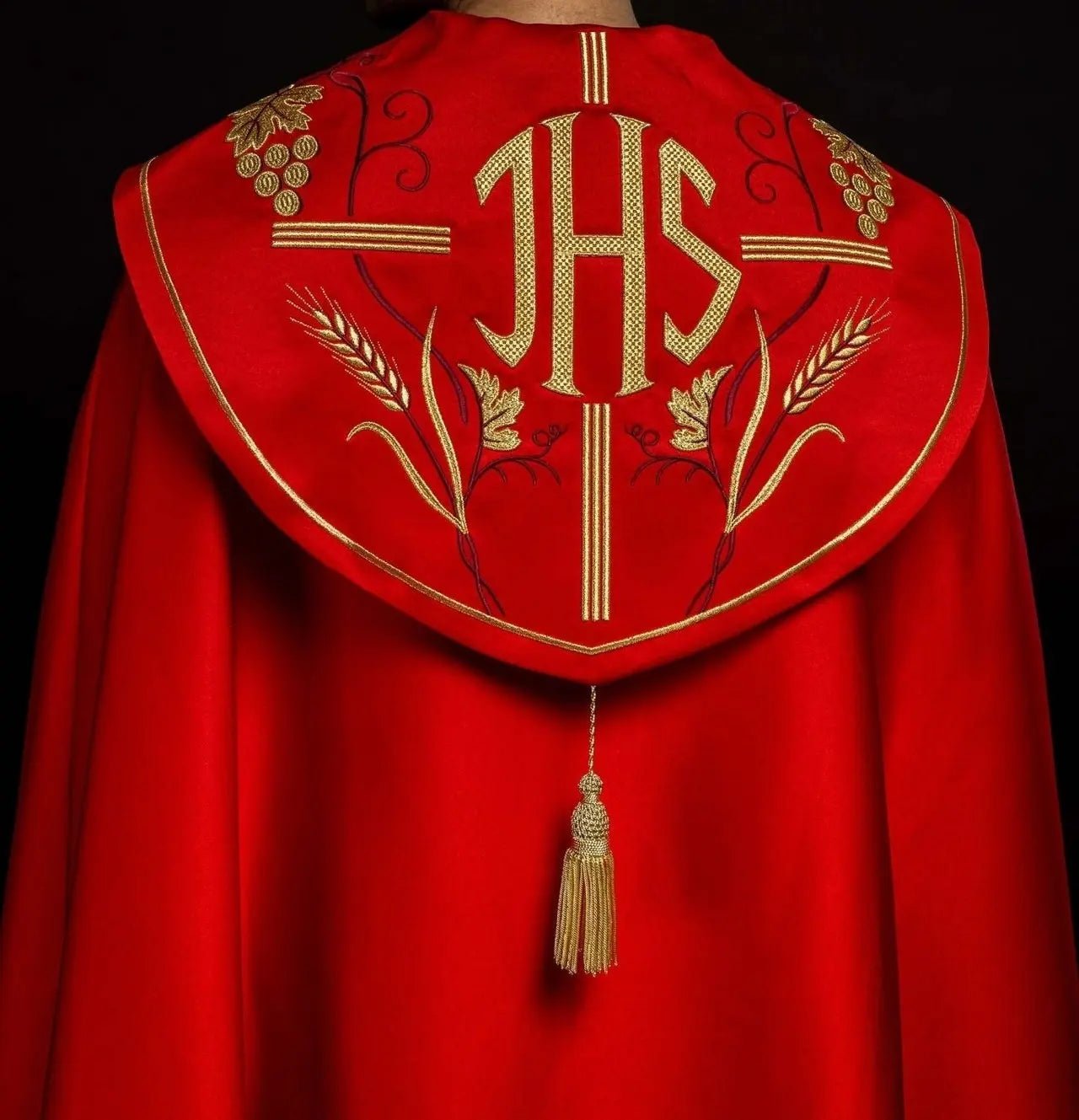 Red liturgical chapel with gold IHS and grape embroidery