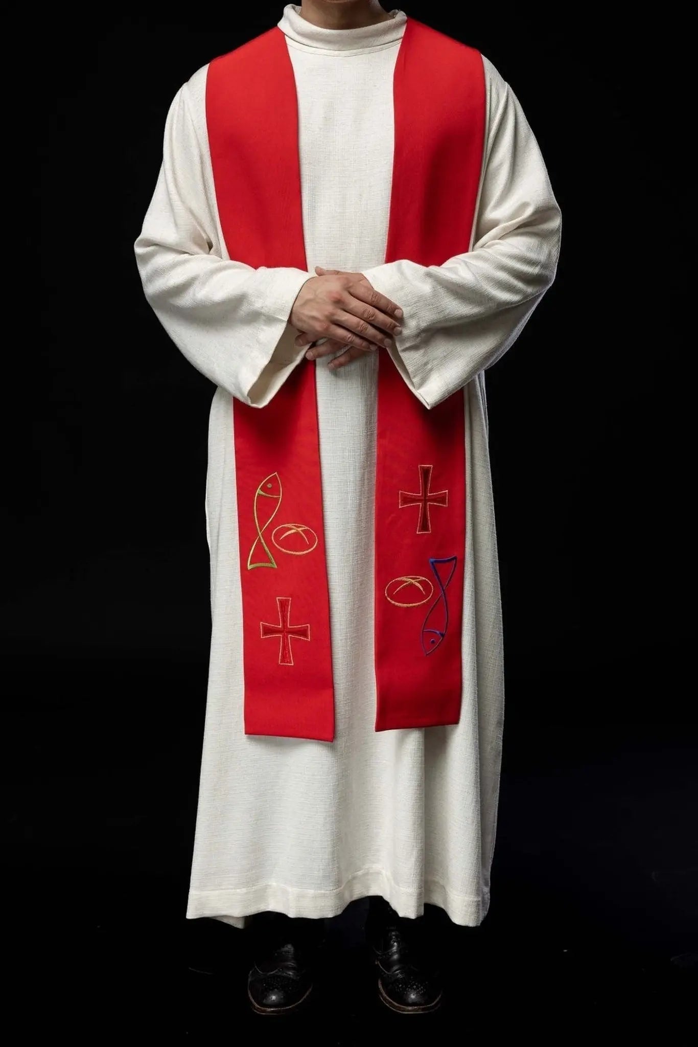 Red embroidered priest's stole with Fish Bread Cross motif