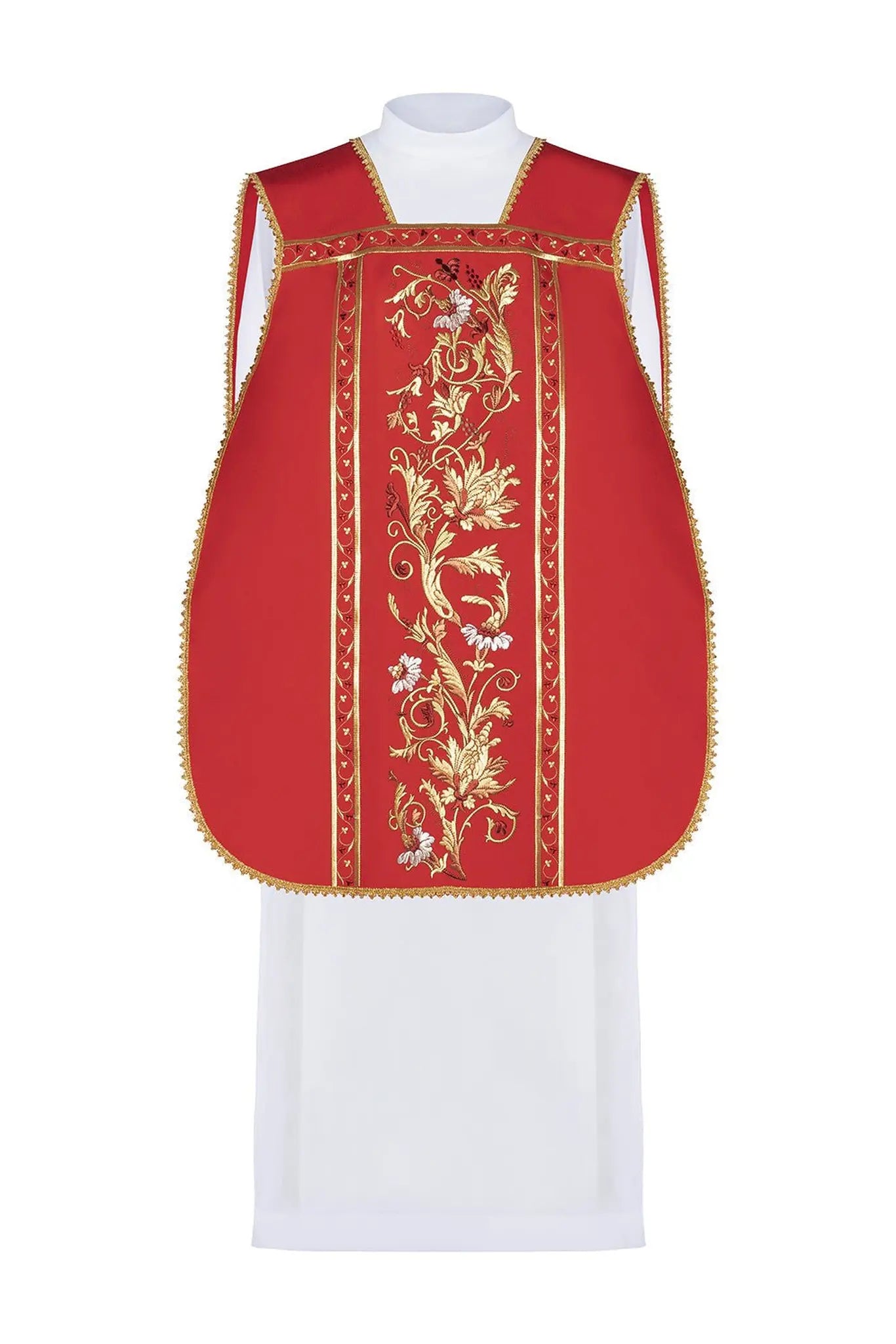 Red Roman chasuble embroidered with Eucharistic chalice motif