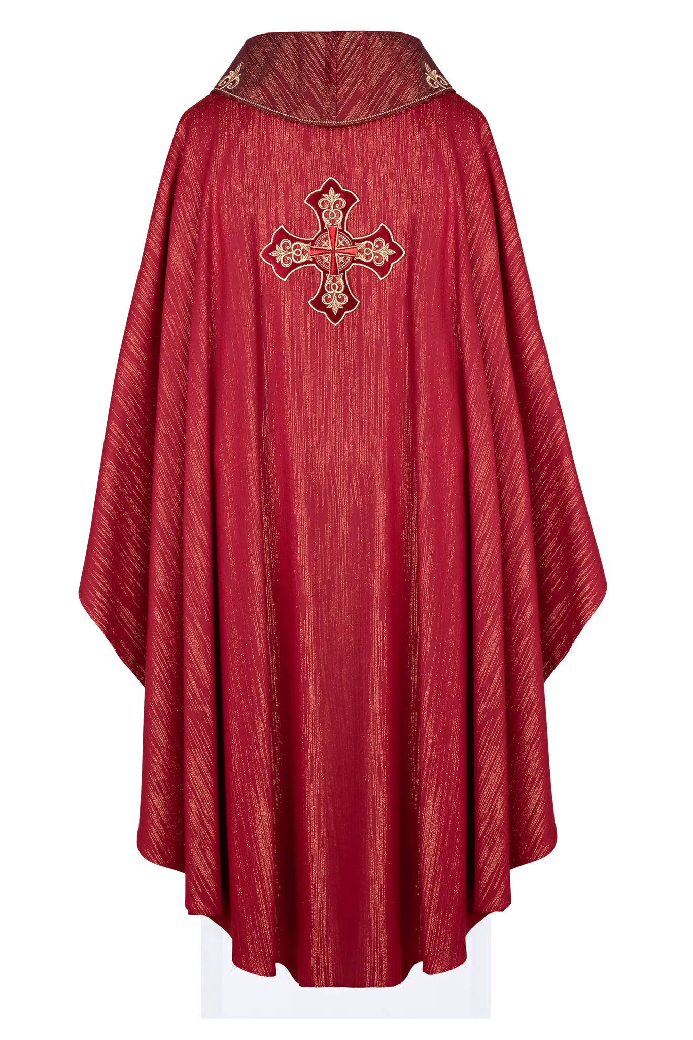Red chasuble with embroidered cross motif on decor