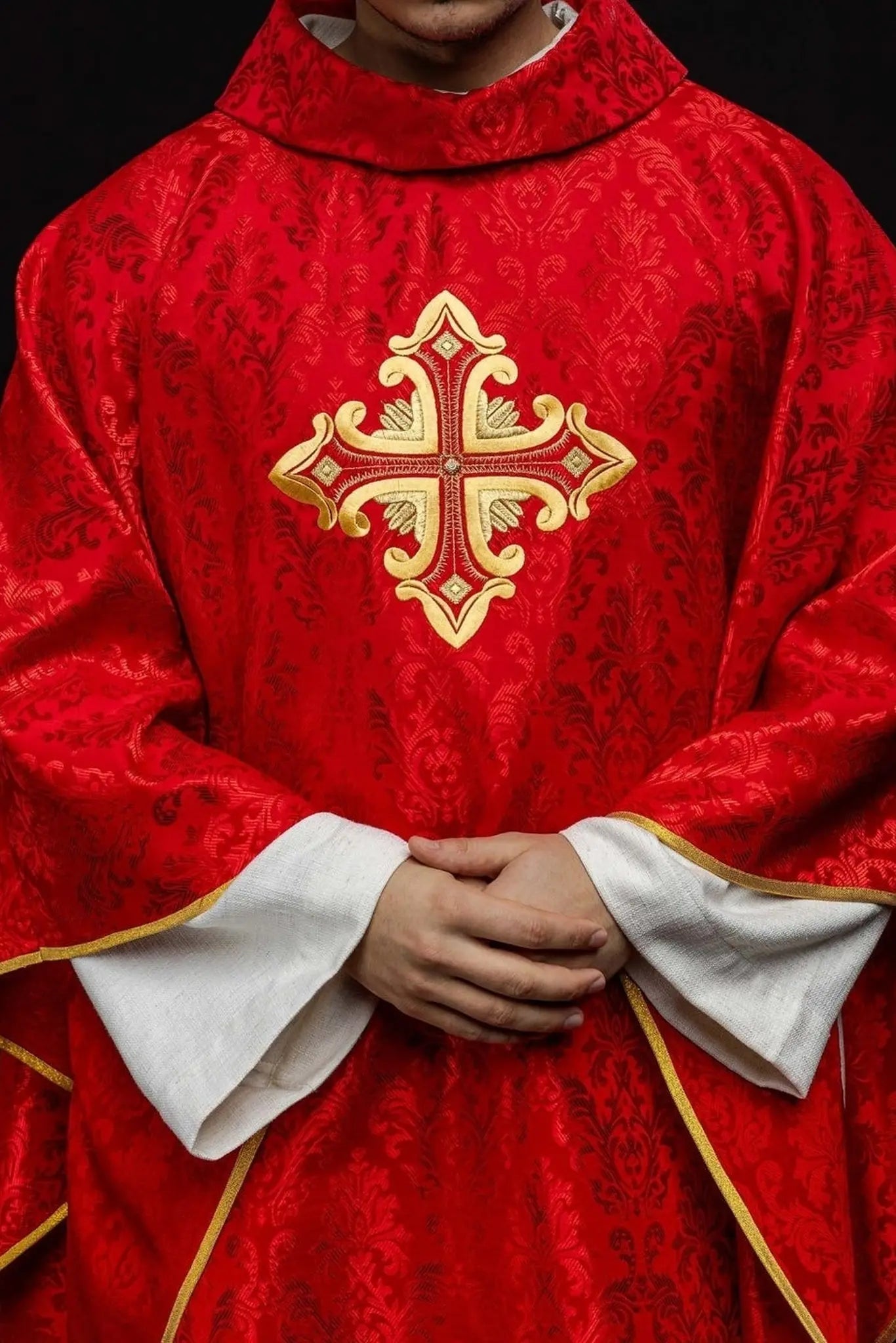 Red Chasuble with Cross, Made from Patterned Fabric