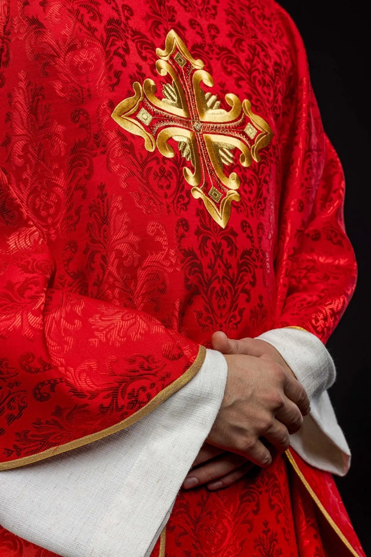 Red Chasuble with Cross, Made from Patterned Fabric