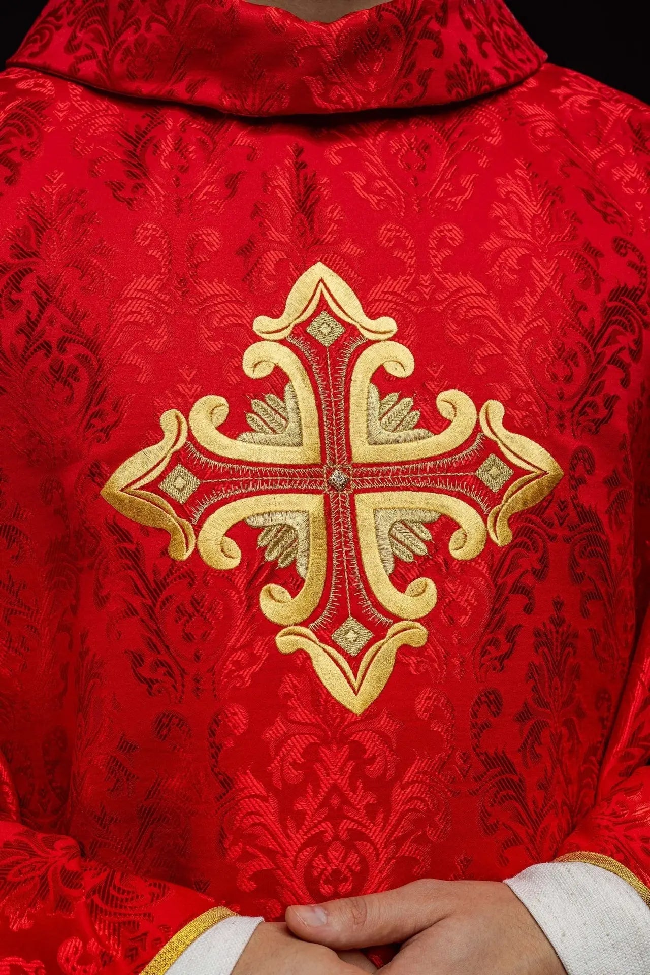 Red Chasuble with Cross, Made from Patterned Fabric
