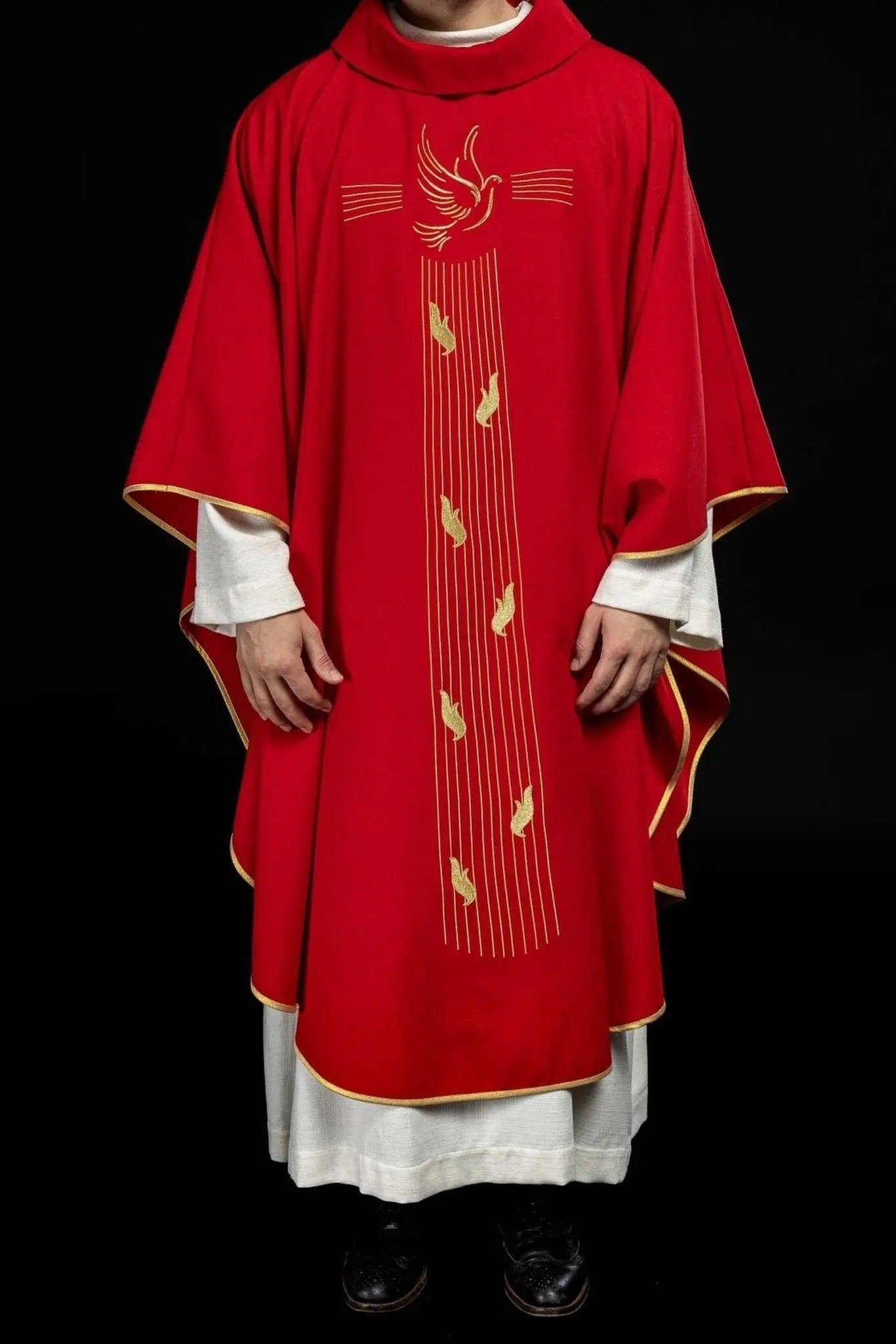 Red chasuble with gold trim and Holy Spirit embroidery