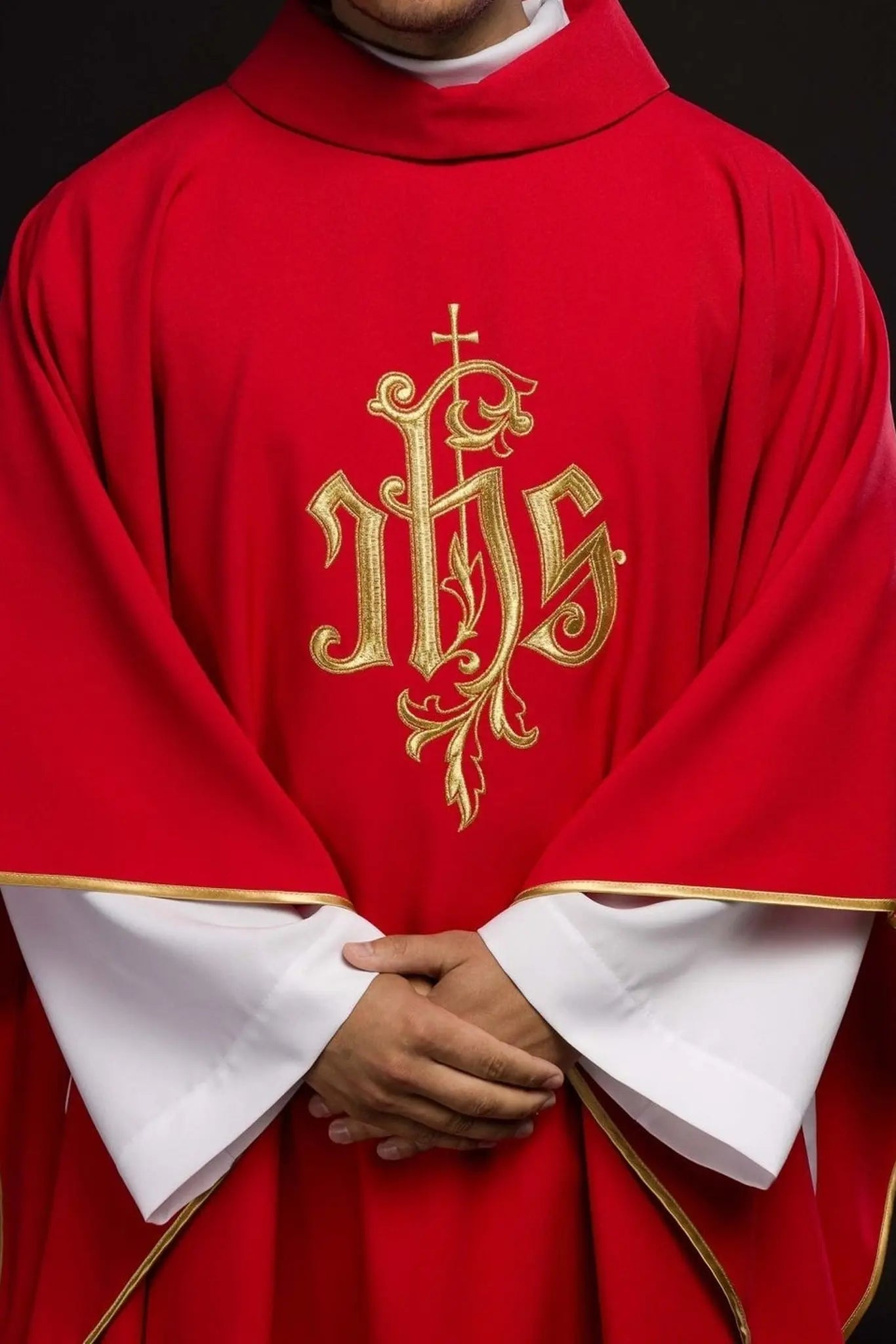 Red chasuble with gold IHS embroidery