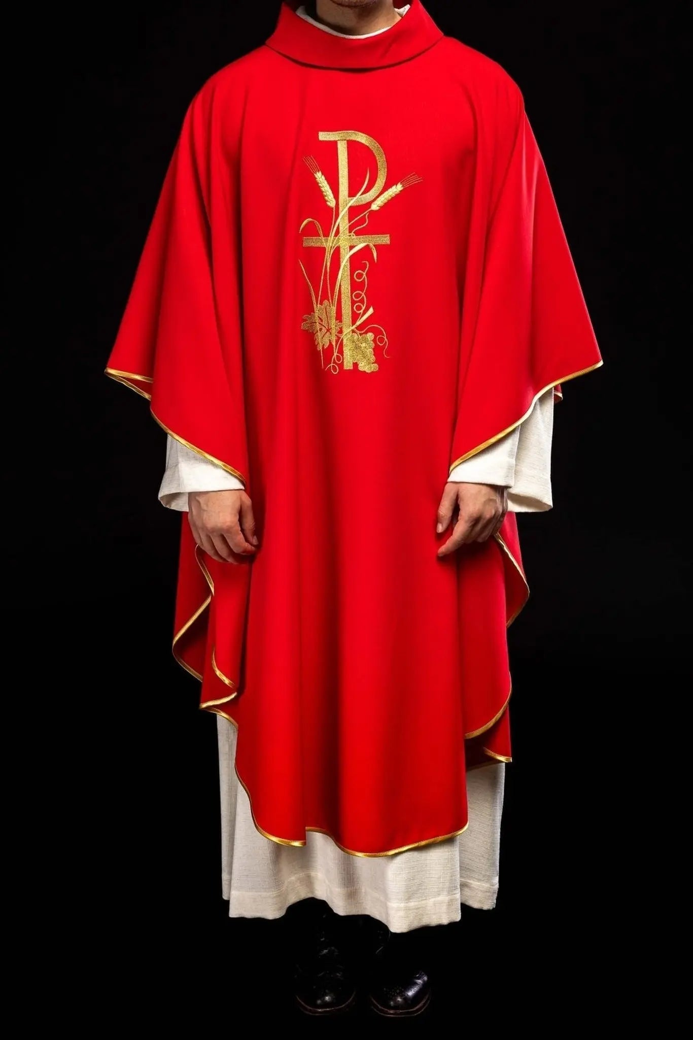 Red chasuble with gold cross embroidery