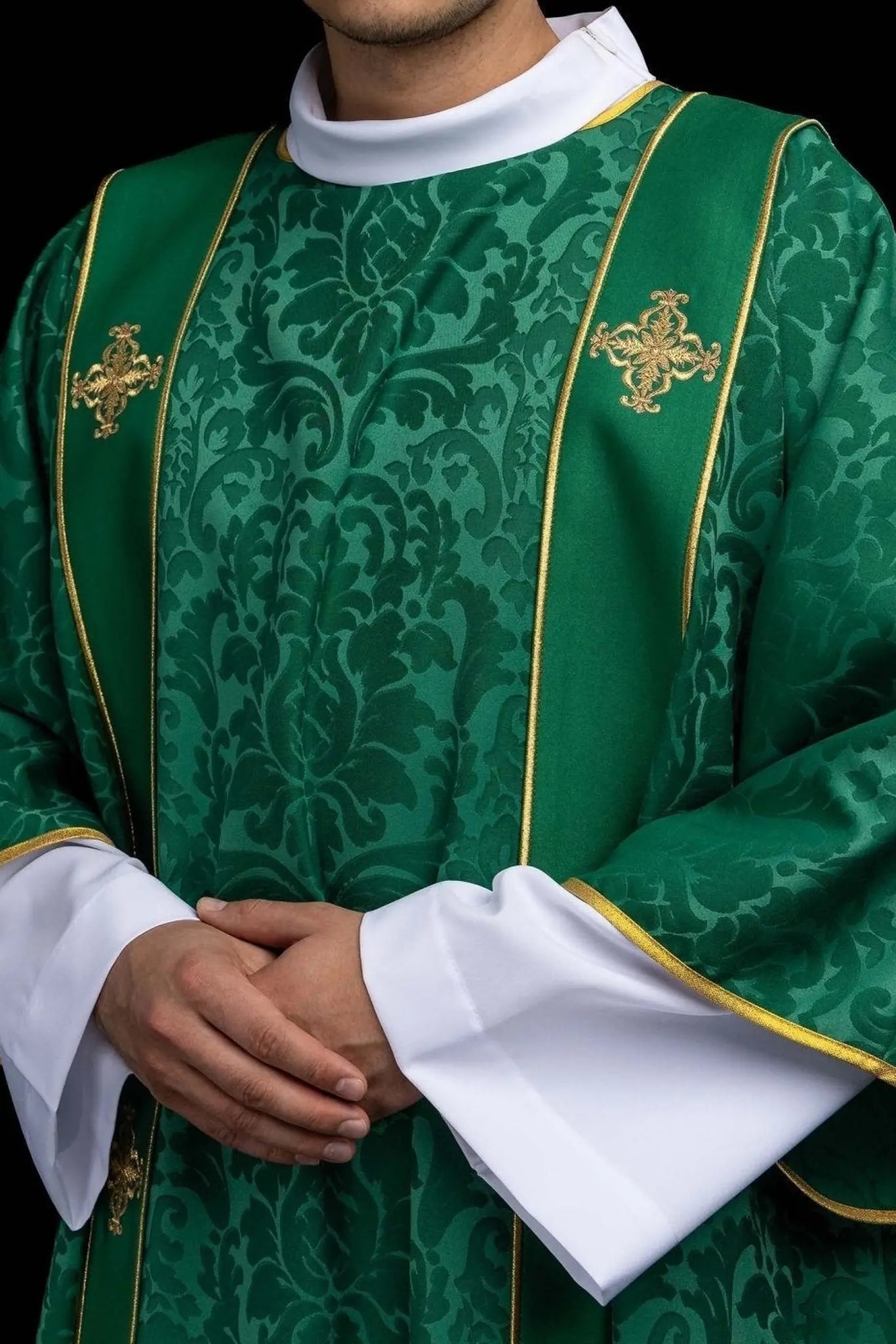 Green Jacquard Dalmatic with Gold Cross Embroidery