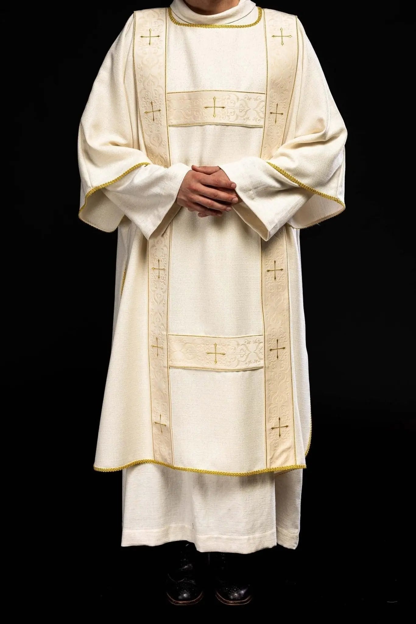 Ecru Dalmatic with Velvet Bands and Gold Embroidered Crosses