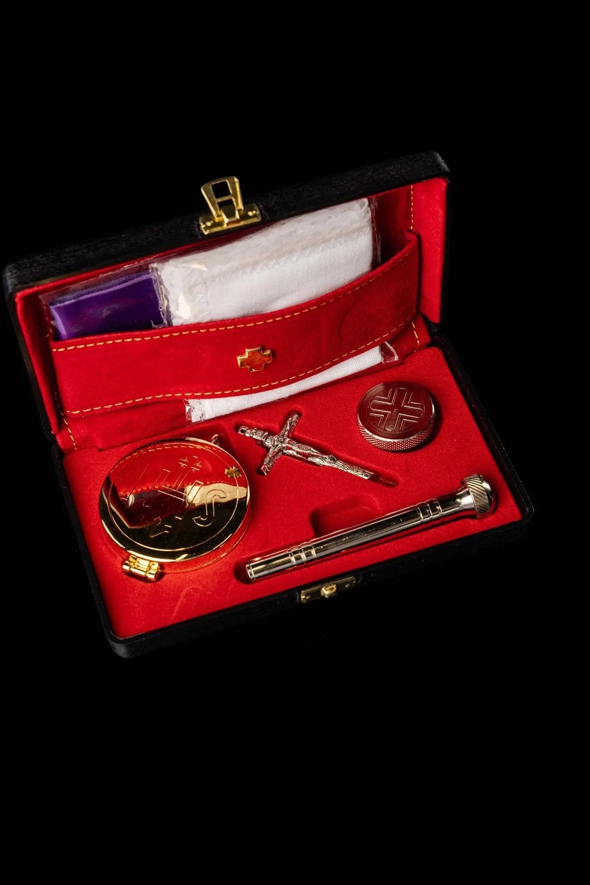 Red Burse with Liturgical Equipment and IHS Ciborium, open view with ciborium, crucifix, host box, and brush