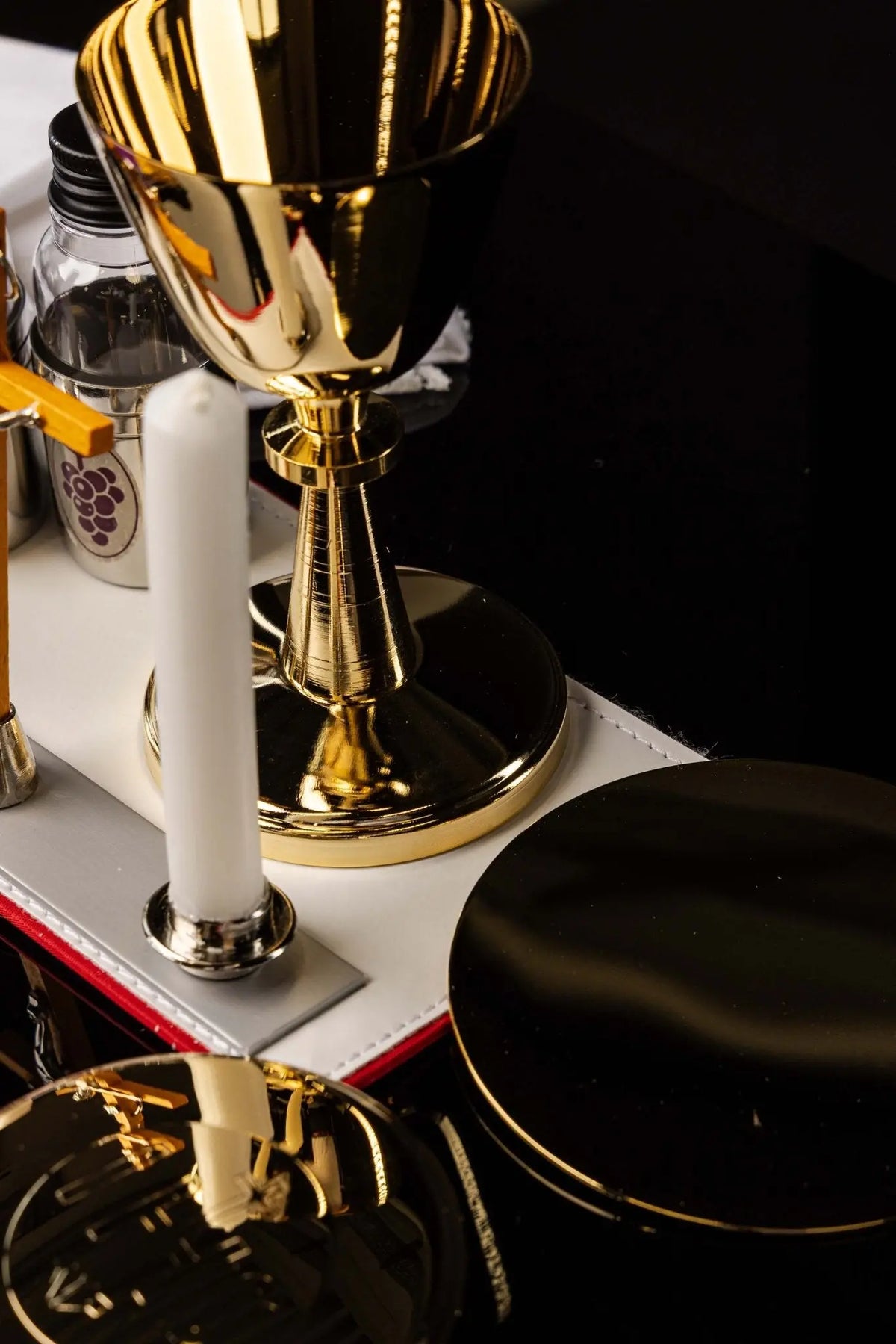 Mission case liturgical equipment set, gold chalice and black containers