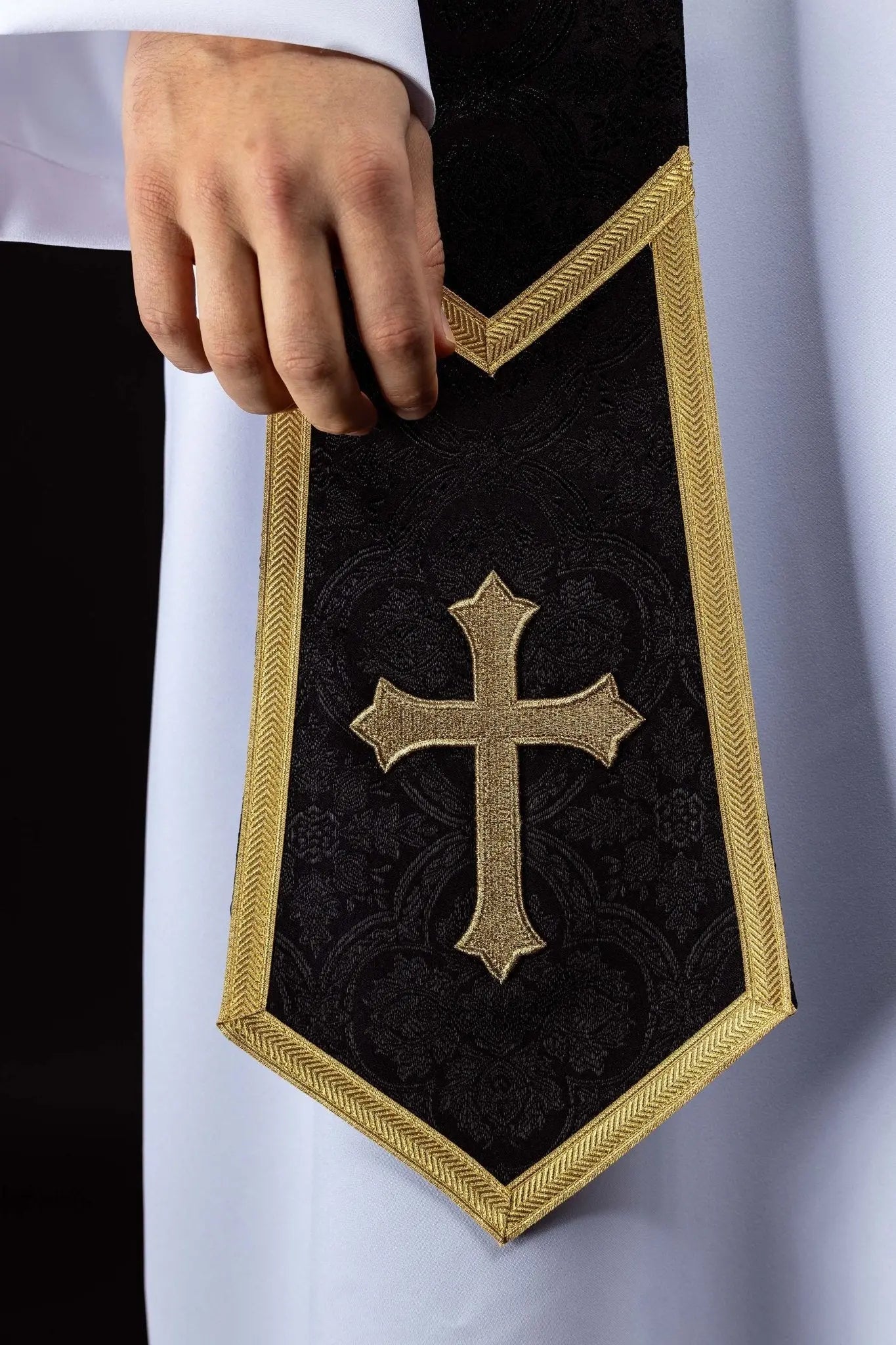 Black Jacquard Stole with Embroidered Cross