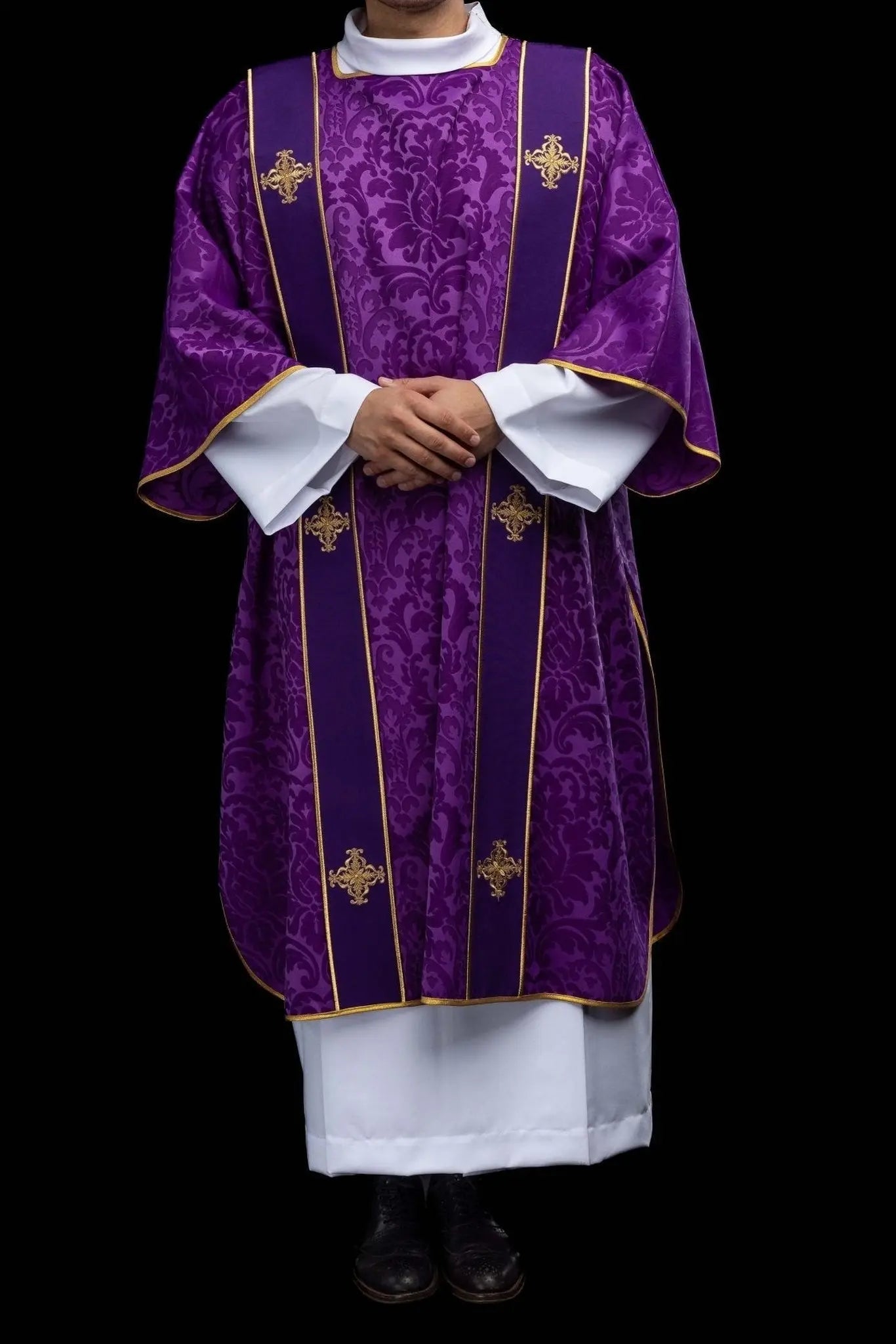 Purple Jacquard Dalmatic with Gold Cross Embroidery