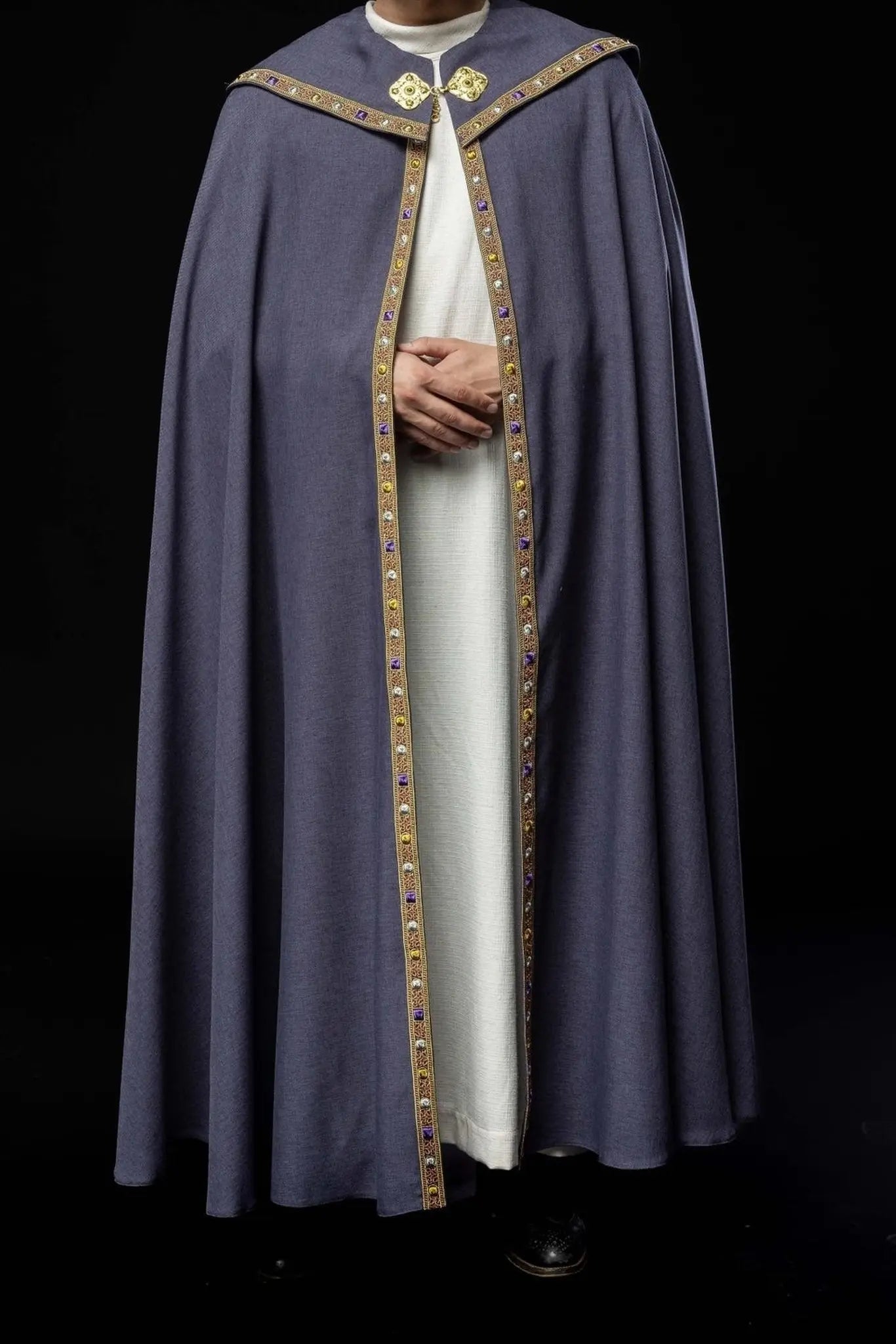Purple liturgical cape with gold IHS