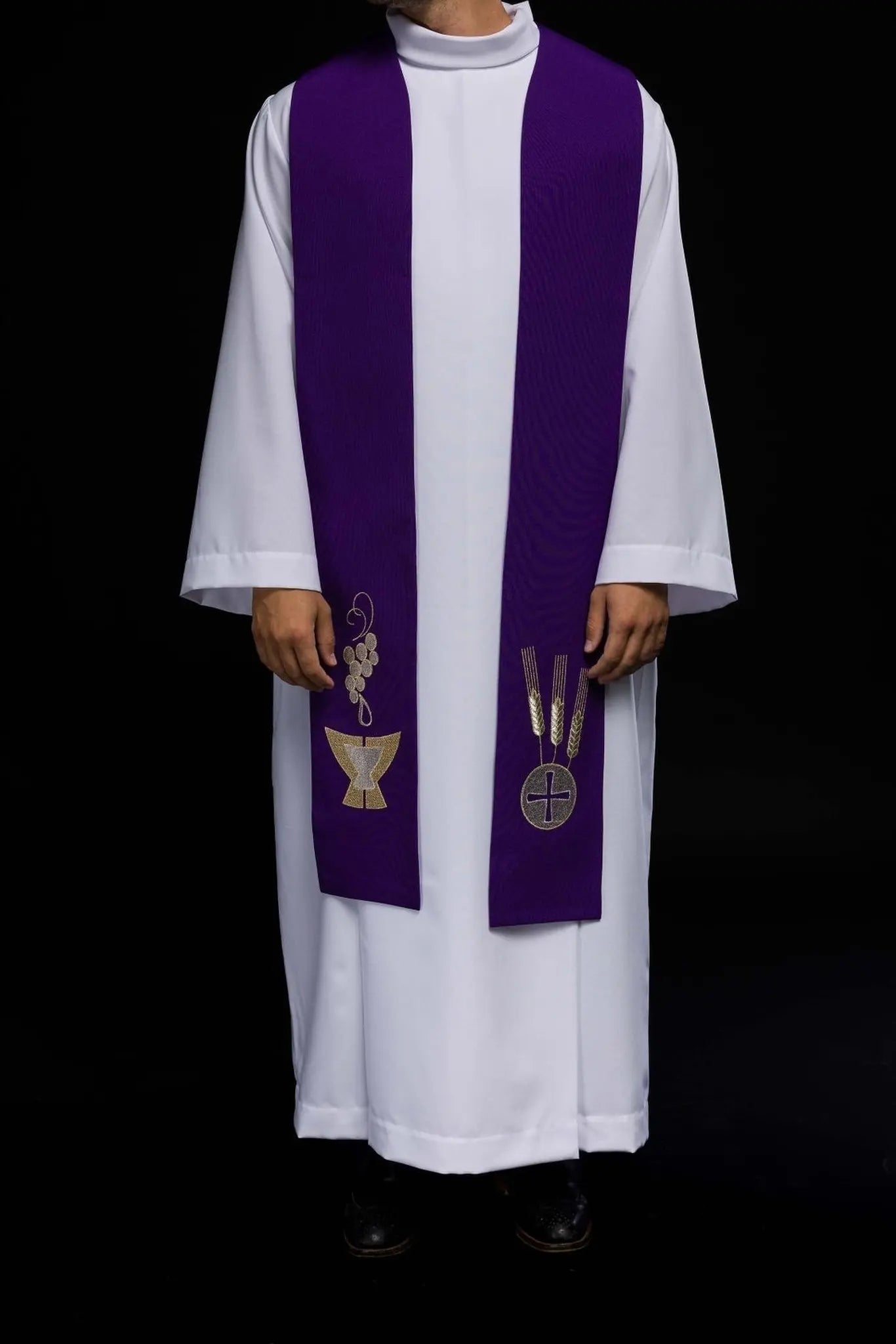 Purple embroidered priest's stole Chalice, Spikes and Grapes