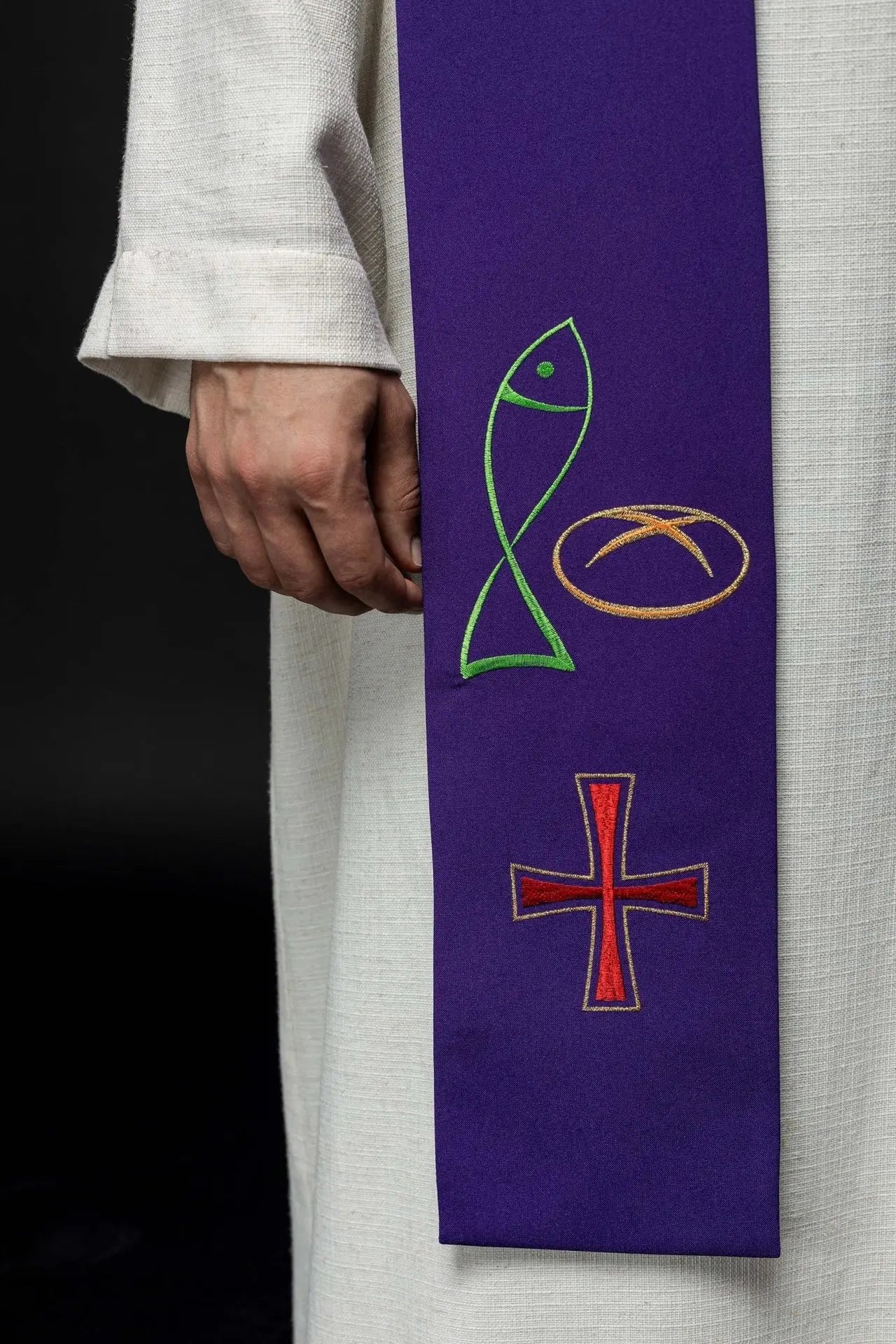 Purple embroidered priest's stole Fish Bread Cross