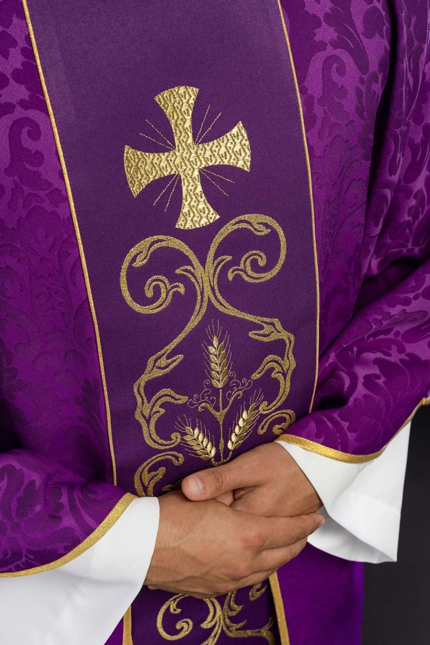 Purple liturgical chasuble decorated with embroidered belt