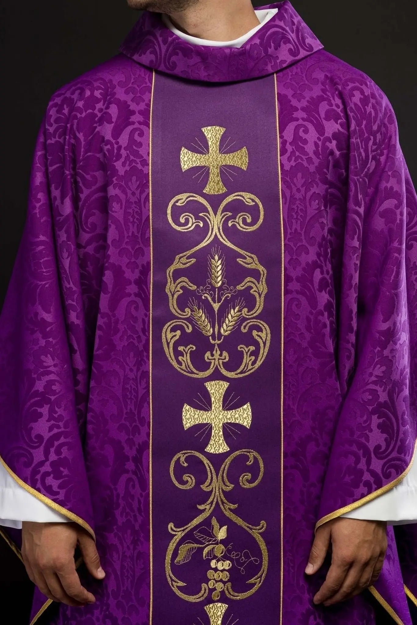 Purple liturgical chasuble decorated with embroidered belt