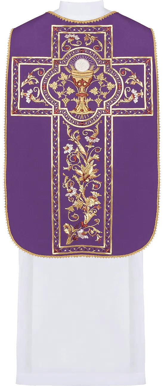 Purple Roman chasuble embroidered with Eucharistic chalice motif
