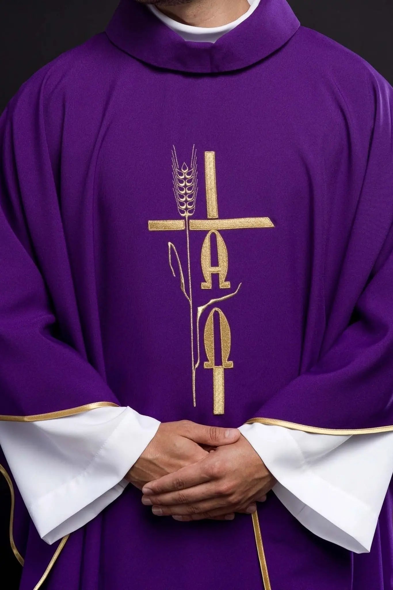 Purple chasuble with Alpha Omega embroidery