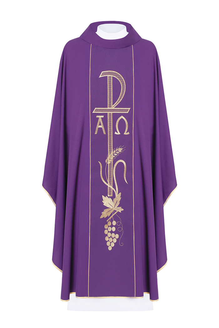 Purple chasuble with wide embroidered gold Alpha and Omega belt