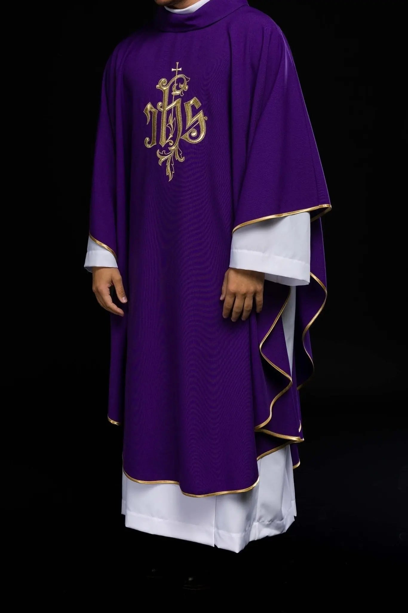 Purple chasuble with gold IHS embroidery